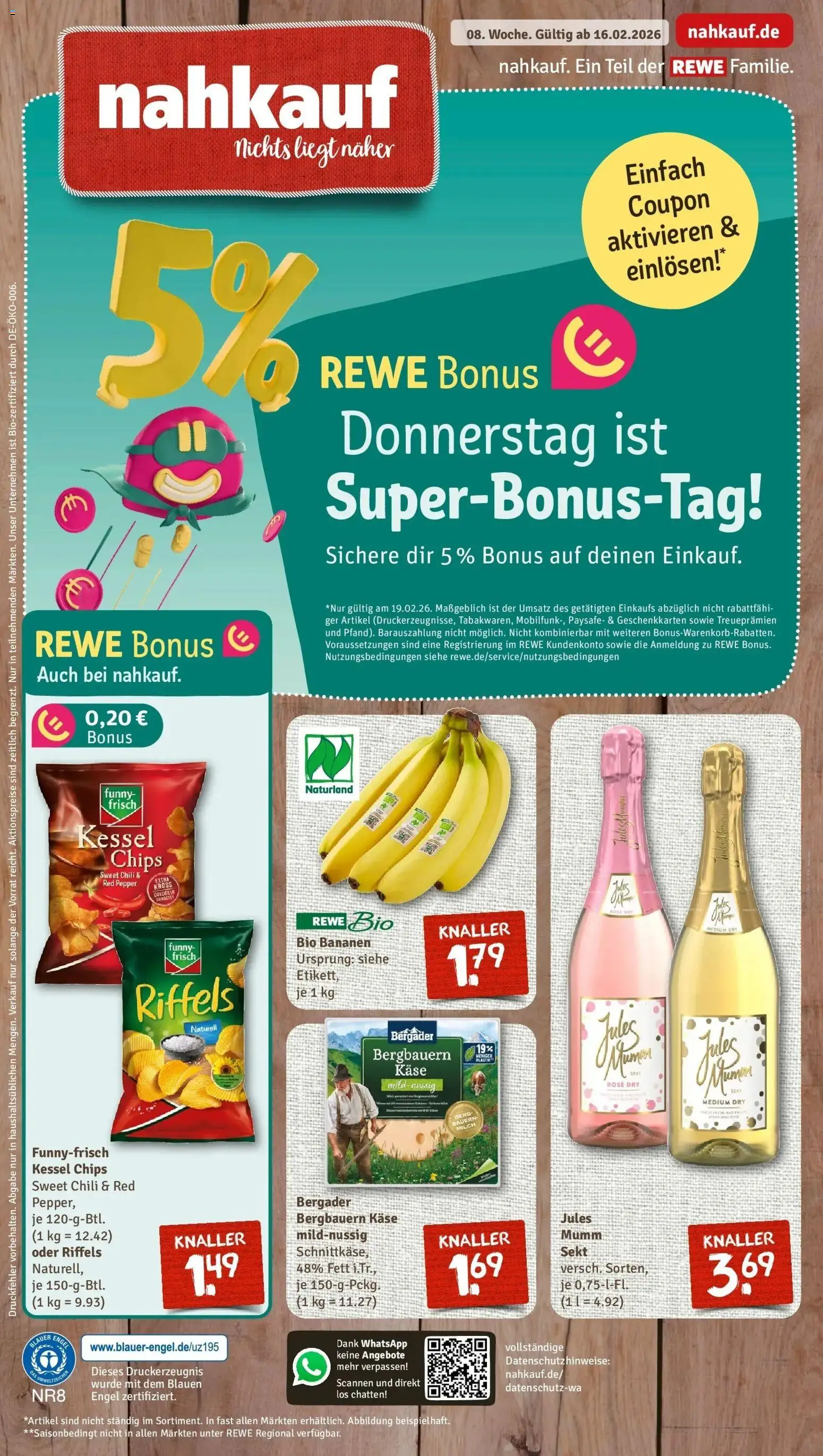 Rewe prospekt Freyung	 – gültig ab 16.02.2026 | Seite: 1 | Produkte: Mumm sekt, Käse, Funny frisch, Bananen