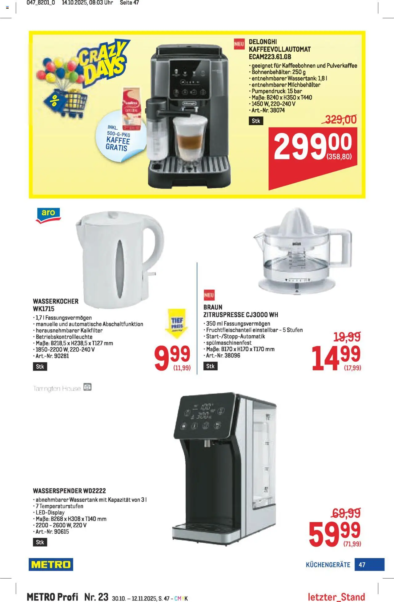 Metro angebote Profi gültig ab 30.10.2025 | Seite: 47 | Produkte: Uhr, Wasserkocher, Kaffee