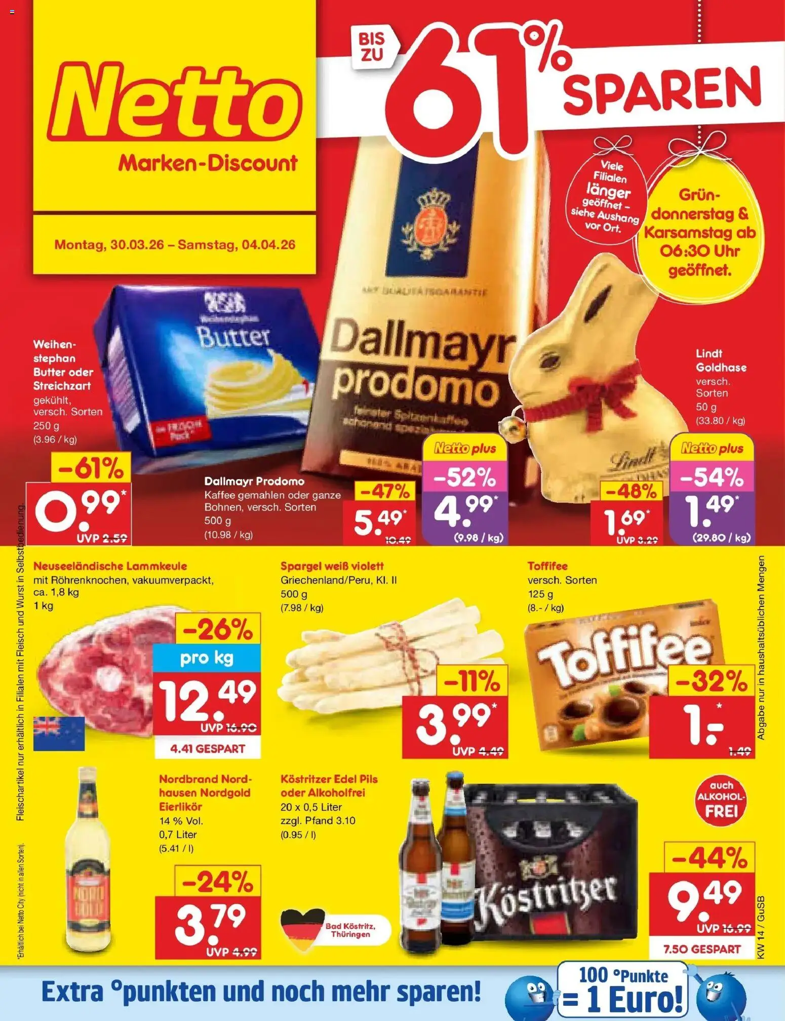 Netto Marken-Discount Prospekt Machern	 – gültig ab 30.03.2026 | Seite: 1 | Produkte: Kostritzer, Kaffee, Pils, Dallmayr prodomo