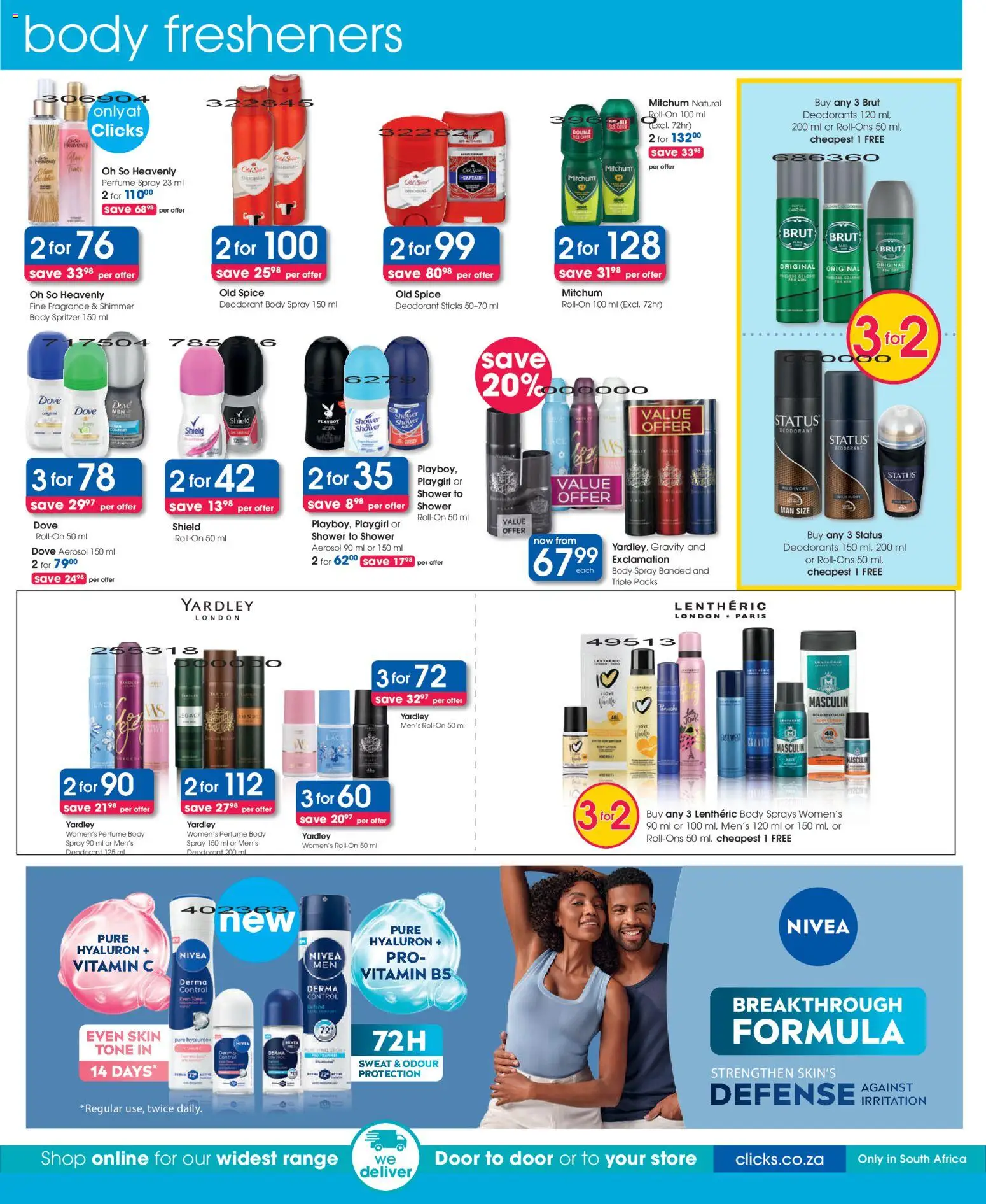 New Clicks catalogue – valid from 25.11.2025 | Page: 14 | Products: Shower, Body spray, Perfume, Deodorant