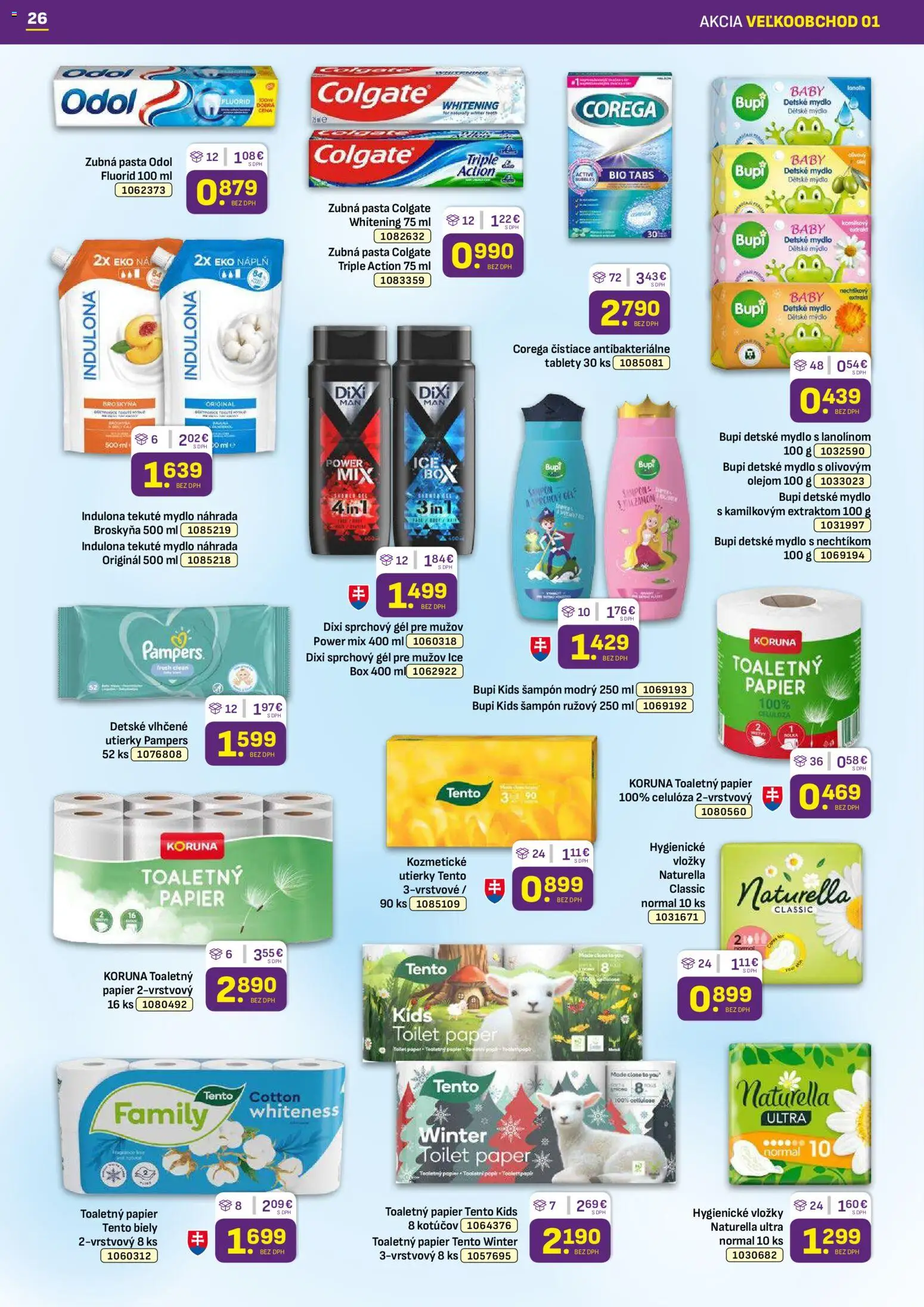 Nové Libex akcie – leták je platný od 05.01.2026 | Strana: 26 | Produkty: Toaletný papier, Mydlo, Sprchový gél, Zubná pasta