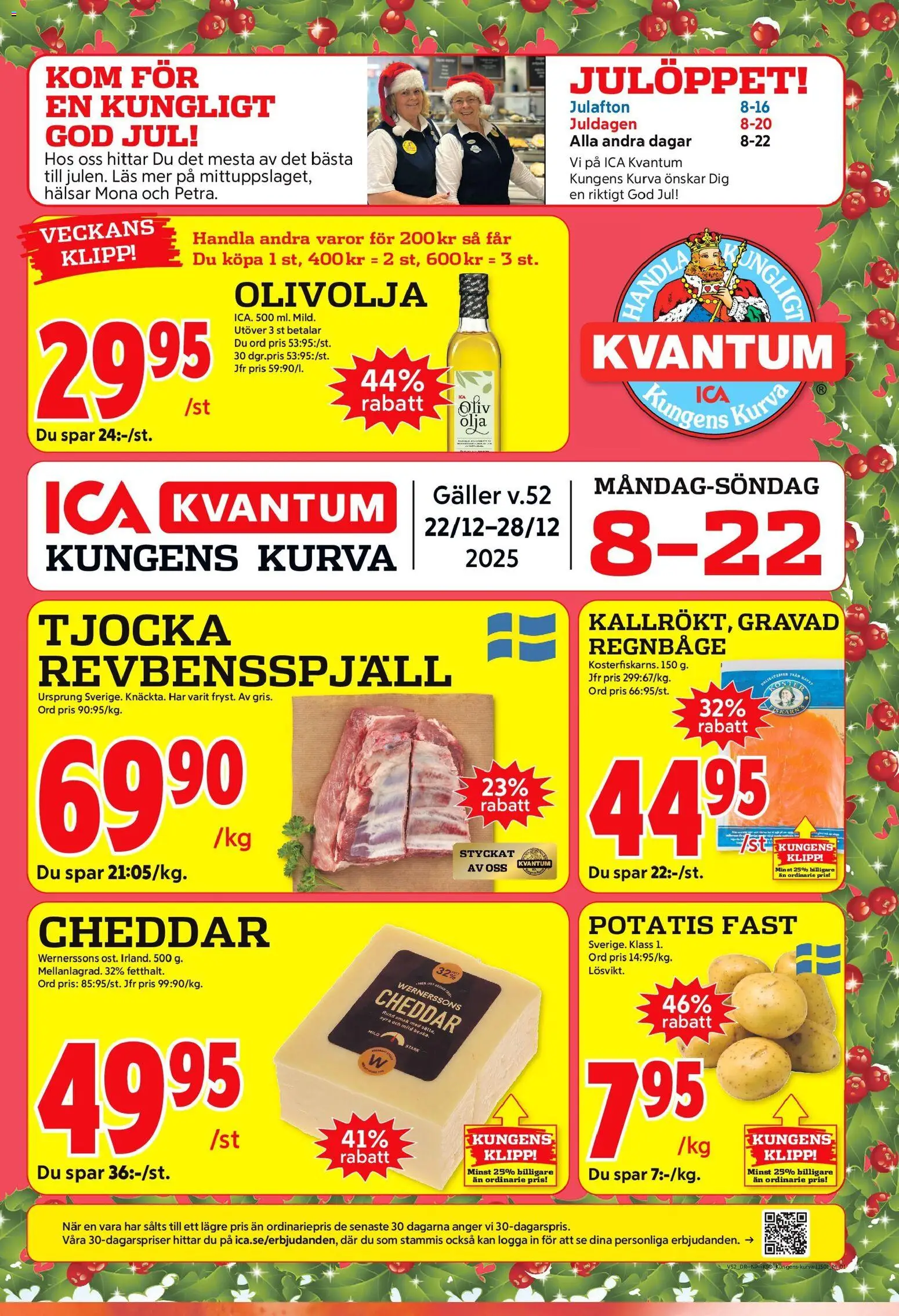 ICA Kvantum reklamblad aktuell från 22.12.2025 | Sida: 1 | Produkter: Revbensspjäll, Cheddar, Olivolja, Olja