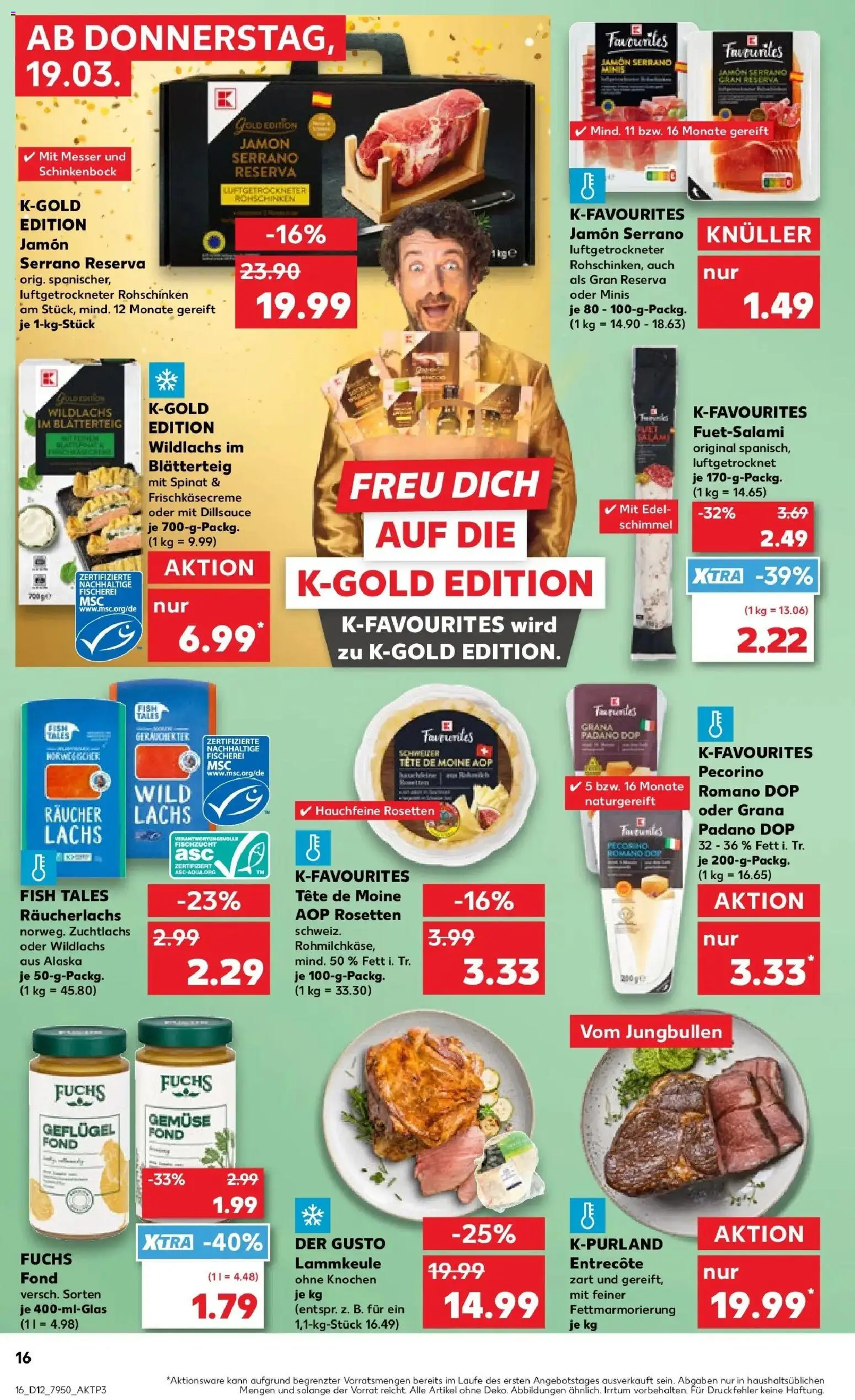 Kaufland Prospekt Wolfsburg	 – gültig ab 19.03.2026 | Seite: 16 | Produkte: Entrecote, Räucherlachs, Gemüse, Salami