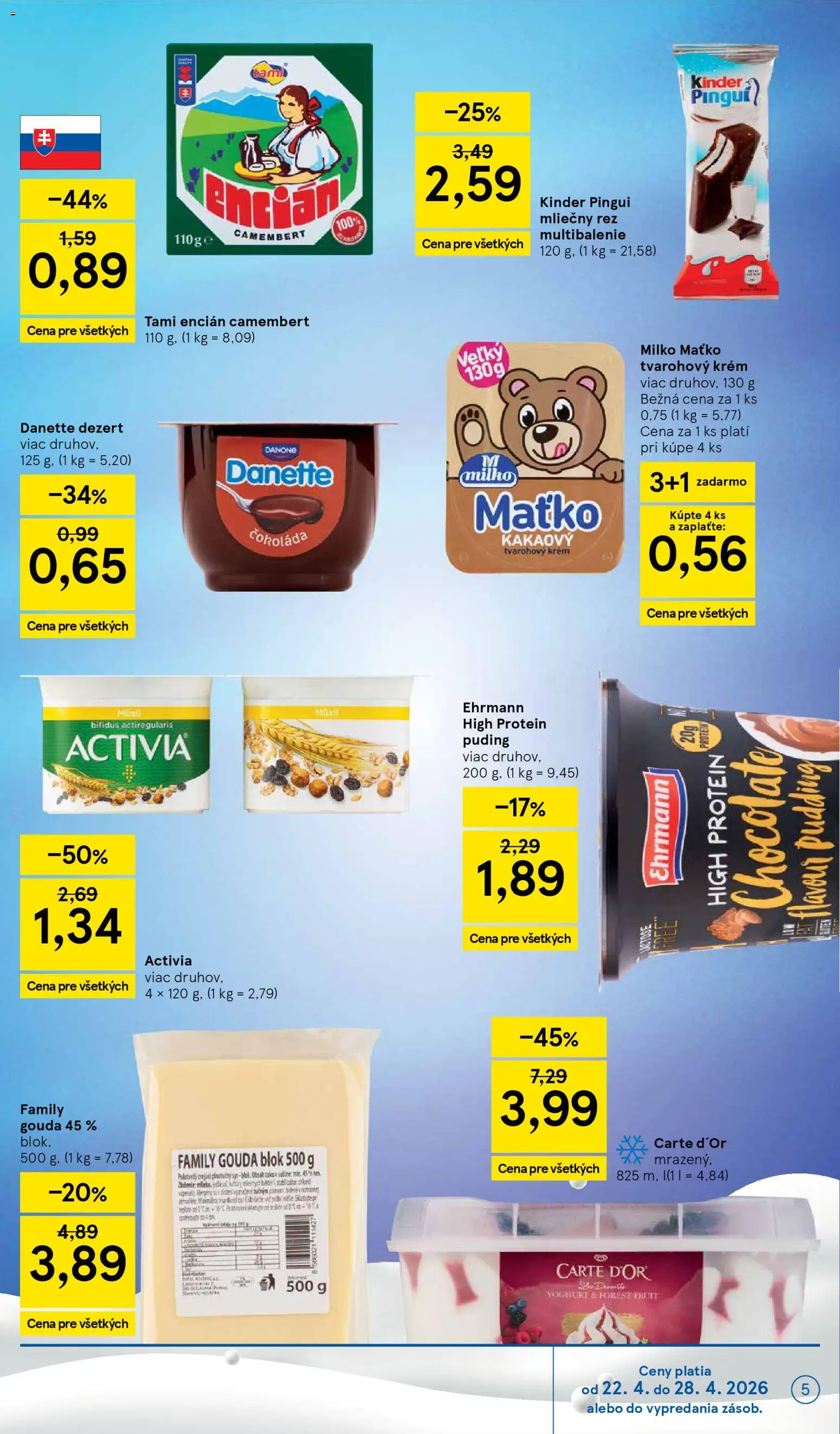 Nové Tesco akcie – leták je platný od 22.04.2026 | Strana: 5 | Produkty: Gouda, Puding, Krém, Encián