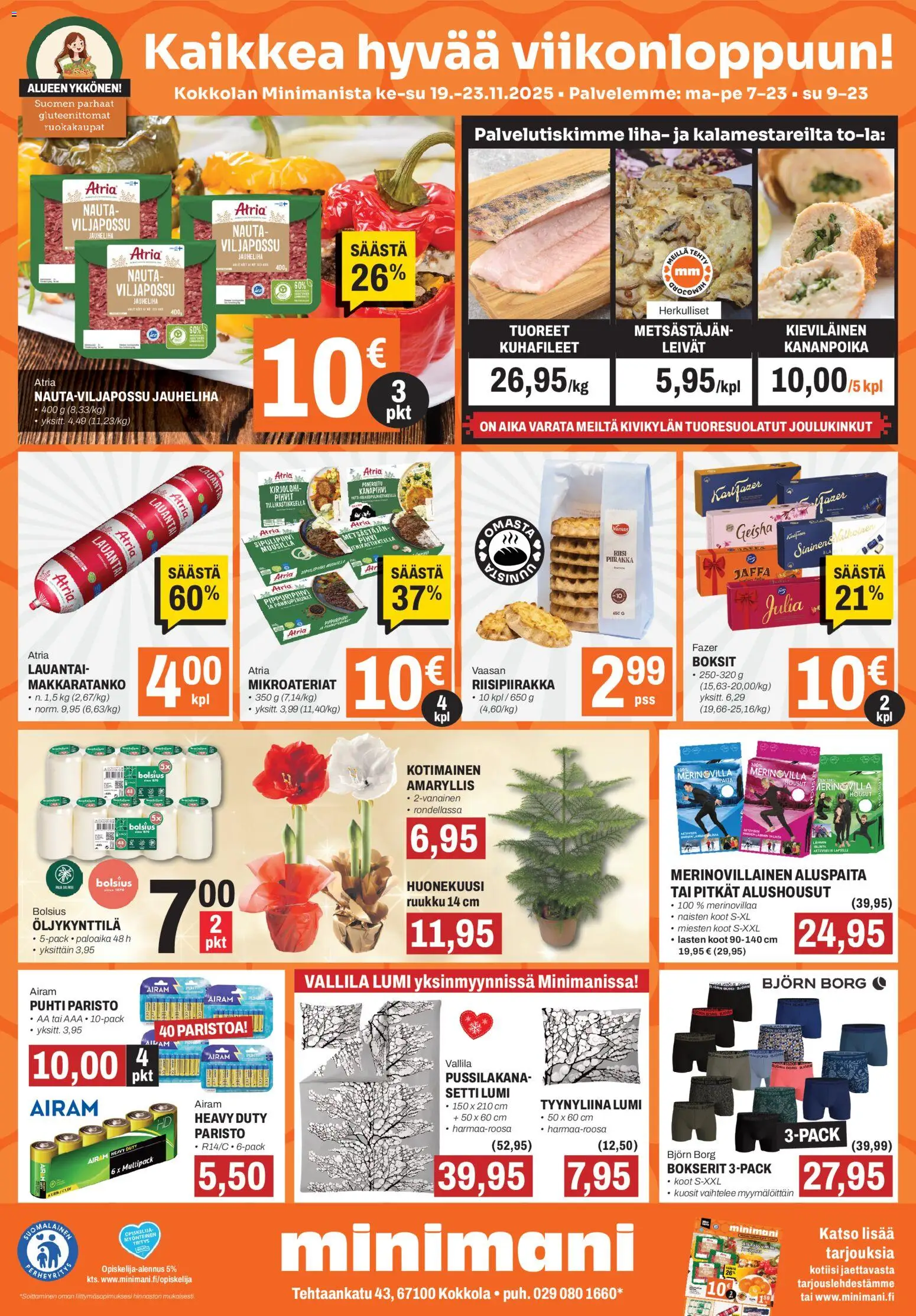 Minimani Tarjoukset - Kokkola – voimassa 19.11.2025 alkaen | Sivu: 1 | Tuotteet: Kirjolohi, Jauheliha, Alushousut, Pihvi