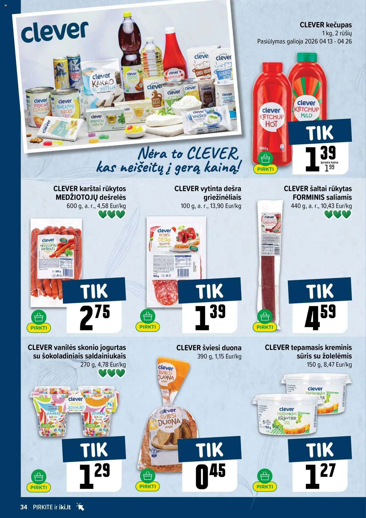 IKI akcijos nuo 13.04.2026 | Puslapis: 34 | Prekių: Dešrelės, Varškė, Arbata, Kečupas