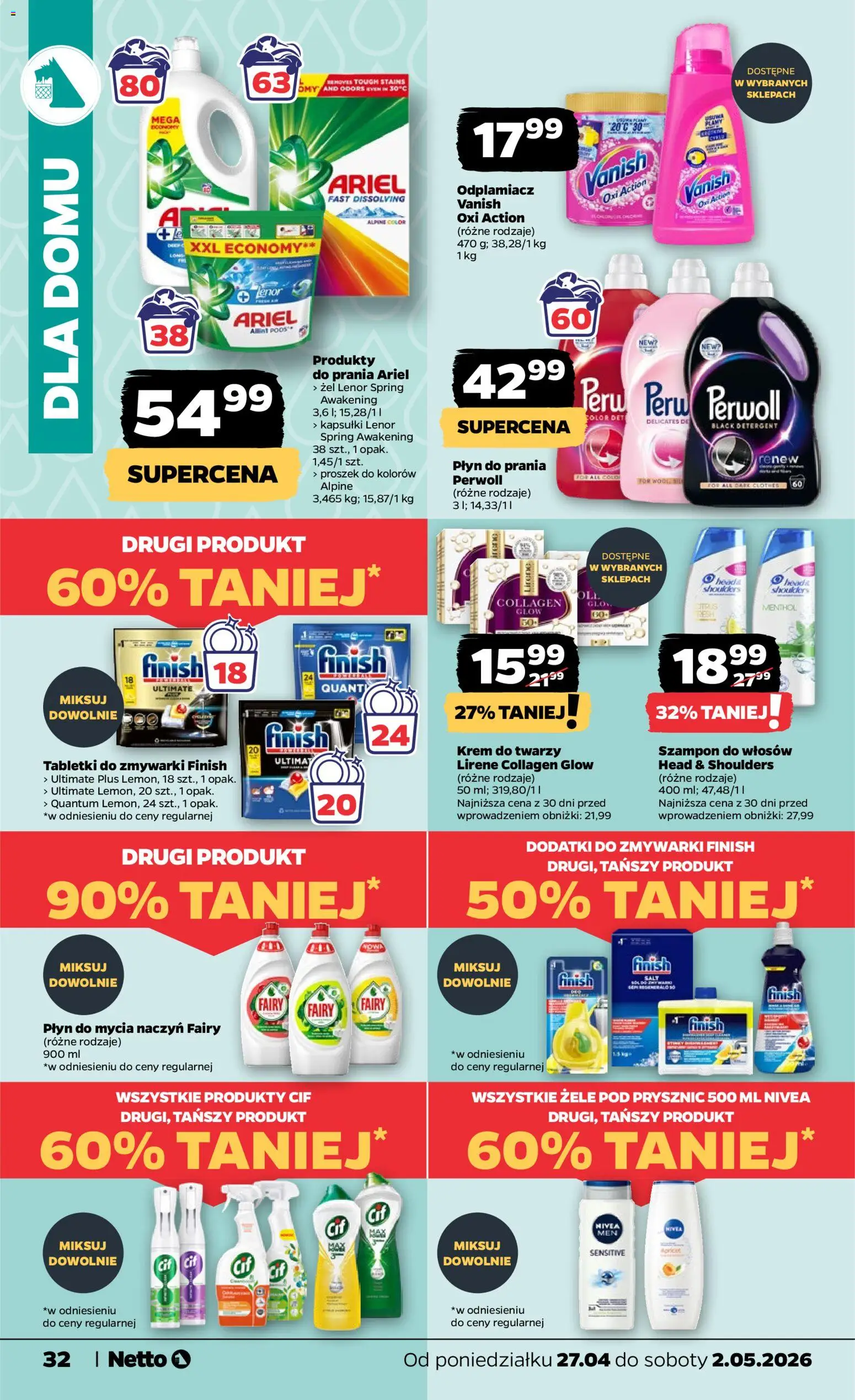Netto gazetka od poniedziałku spożywcza od 27.04.2026 | Strona: 32 | Produkty: Ariel, Fairy, Odplamiacz, Tabletki do zmywarki Finish