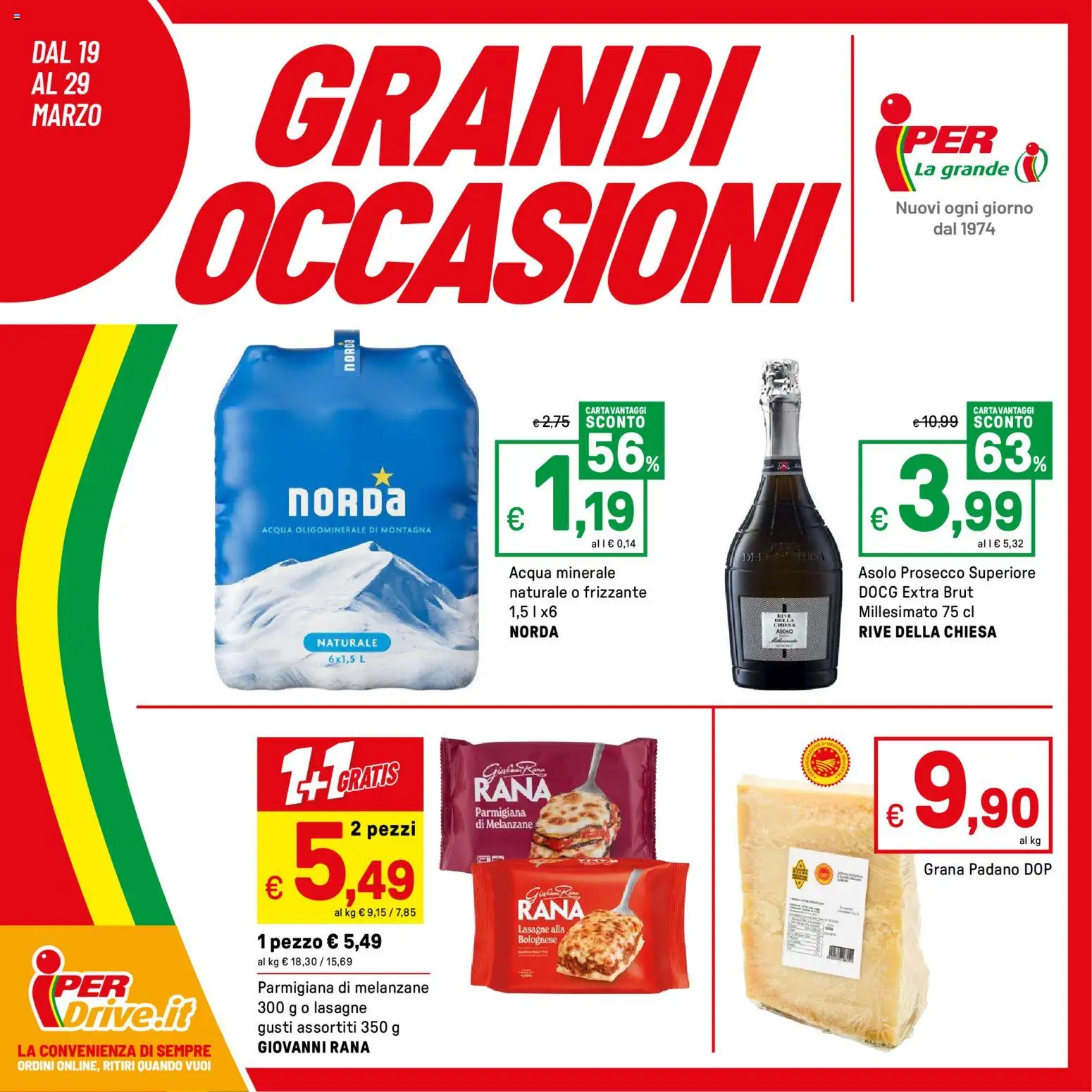 Volantino Iper del 19.03.2026 | Pagina: 1 | Prodotti: Prosecco, Acqua, Grana Padano, Melanzane
