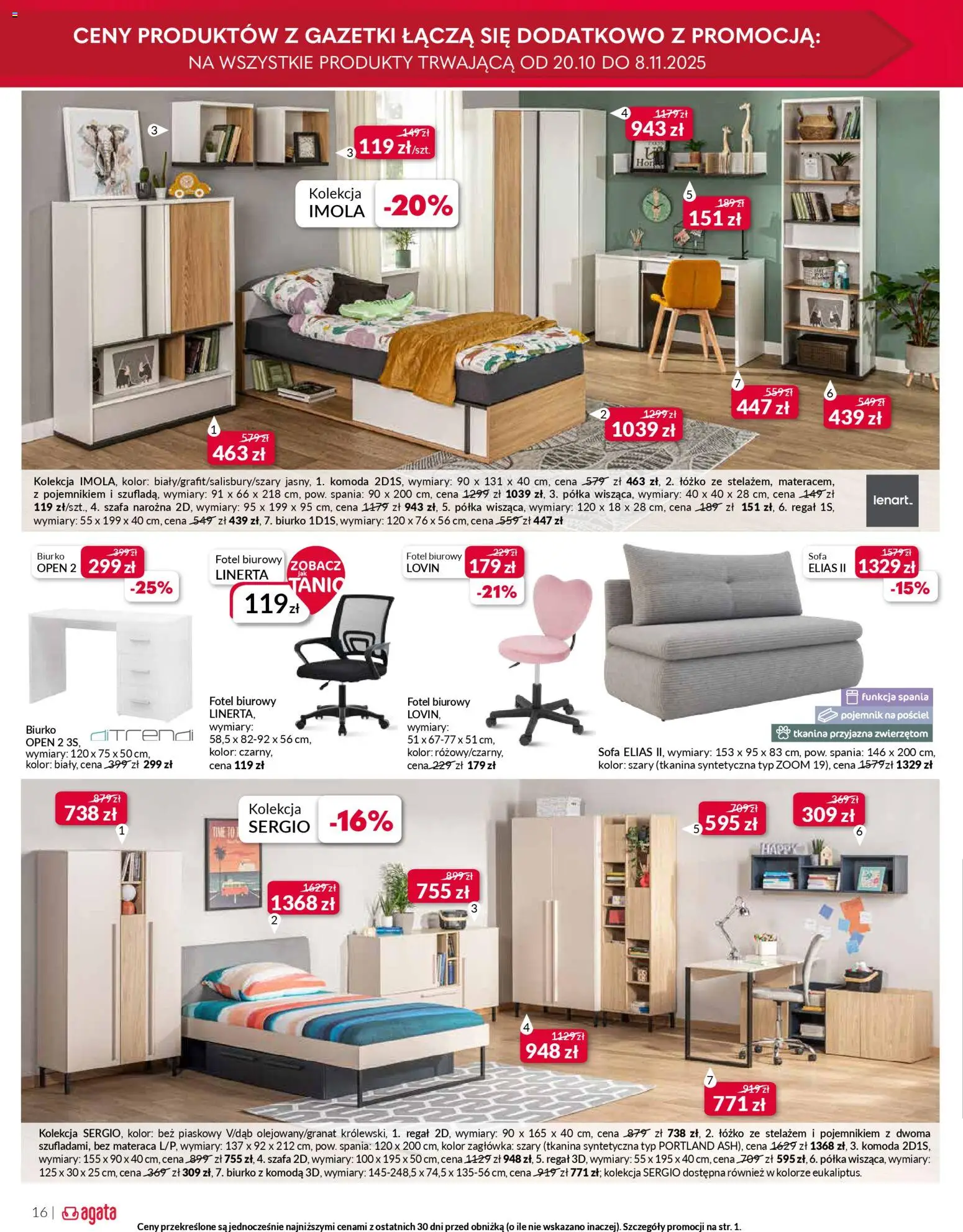 Salony Agata Gazetka od 23.10.2025 | Strona: 16 | Produkty: Łóżko, Sofa, Fotel, Regał