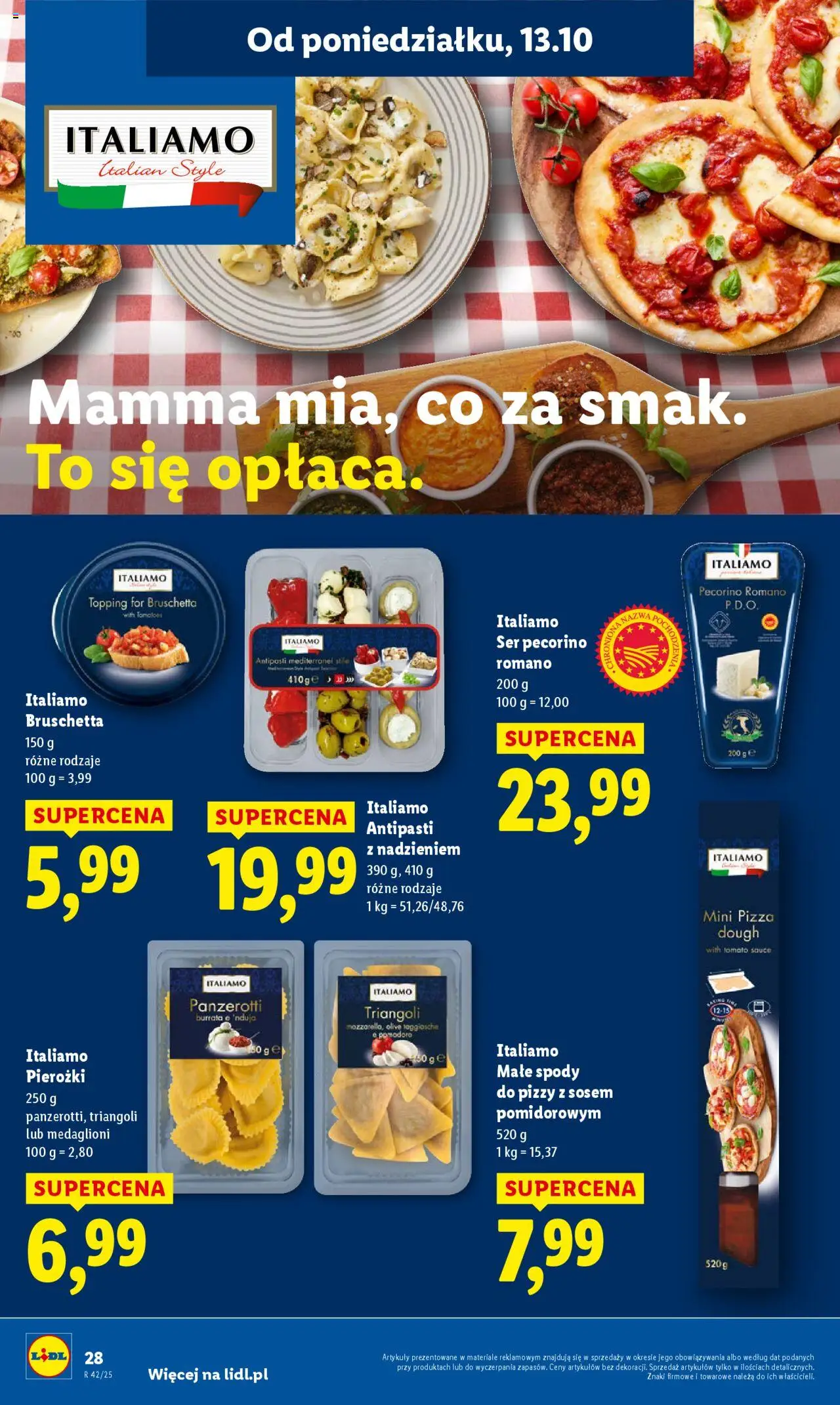 Lidl Gazetka od 13.10.2025 | Strona: 28 | Produkty: Ser pecorino, Ser pecorino romano, Mini pizza, Bruschetta