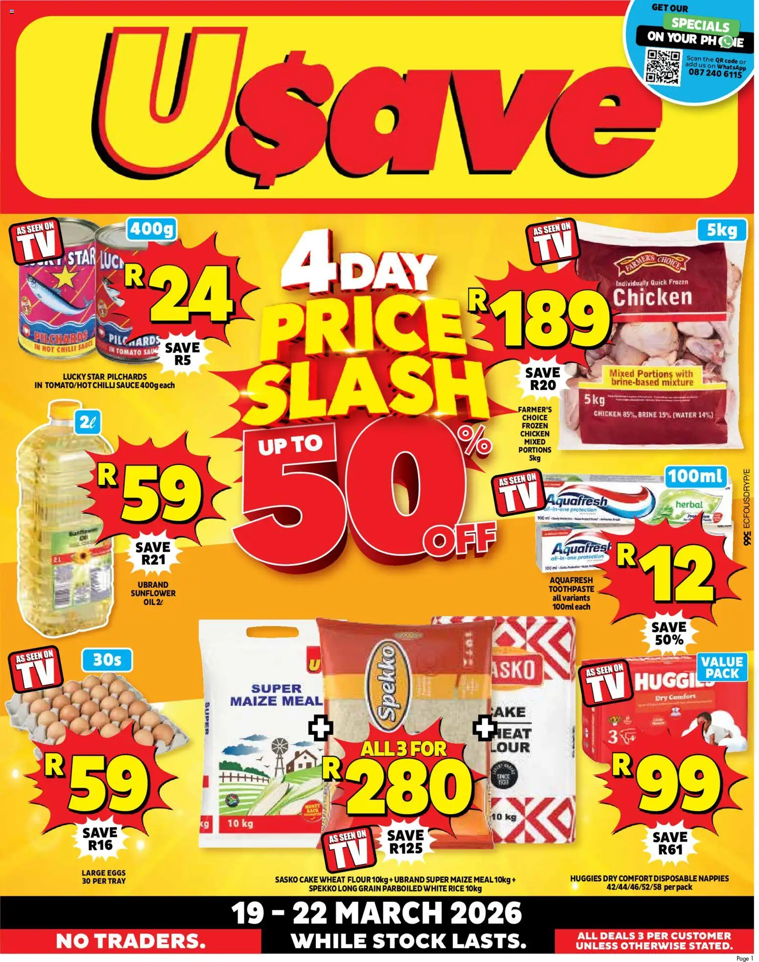 New Usave catalogue – valid from 19.03.2026 | Page: 1 | Products: Flour, TV, Maize meal, Sauce