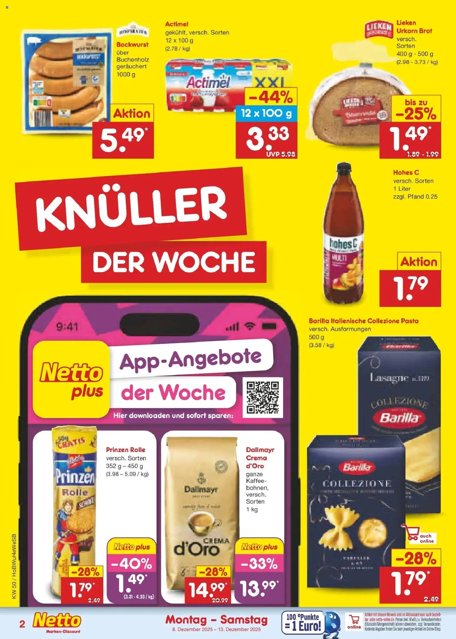 Netto Marken-Discount prospekt Stemwede-Dielingen	 – gültig ab 08.12.2025 | Seite: 2 | Produkte: Bockwurst, Actimel, Kaffee, Pasta