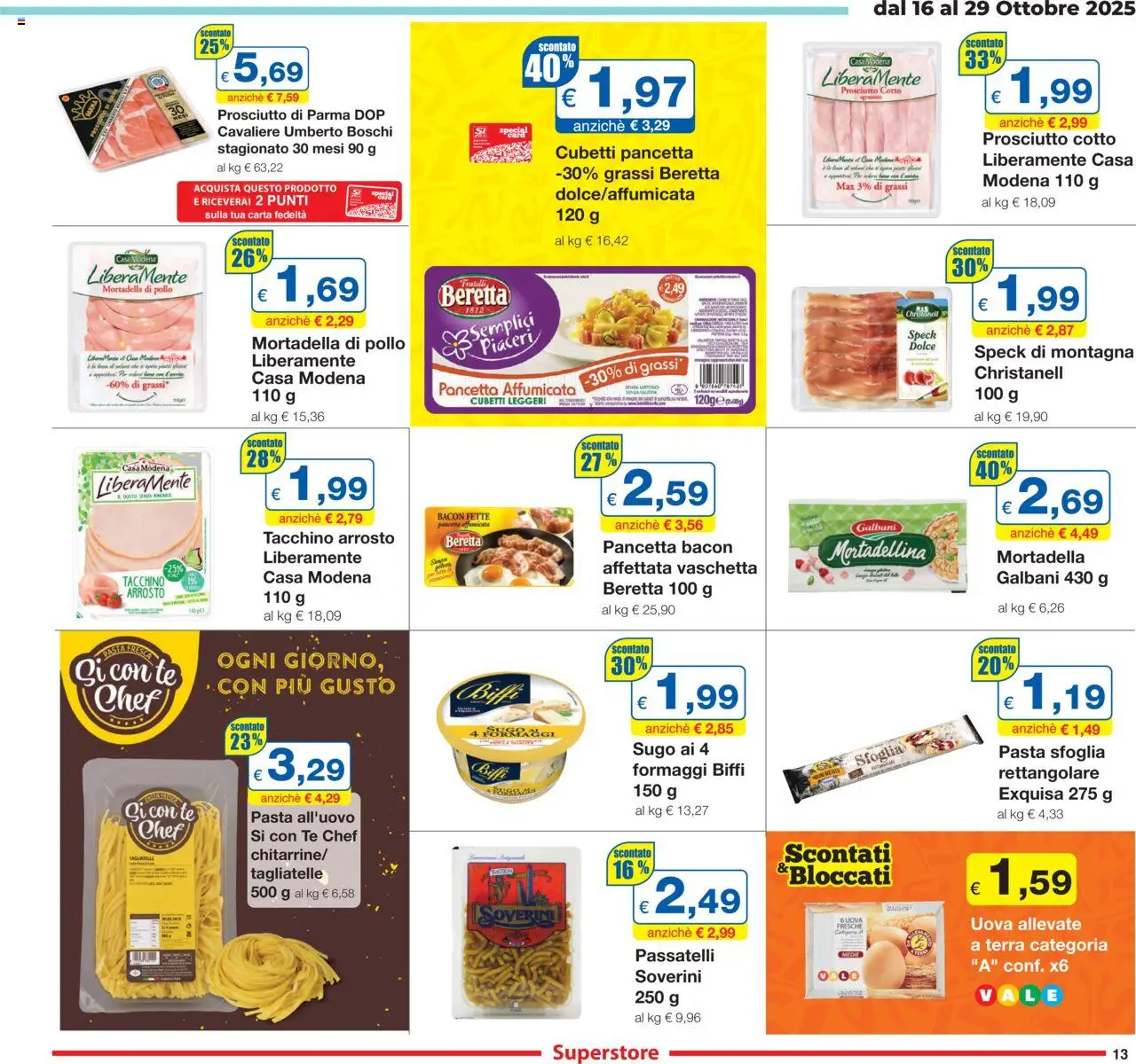 Volantino Sì con Te del 16.10.2025 | Pagina: 13 | Prodotti: Speck, Uova, Mortadella, Sugo