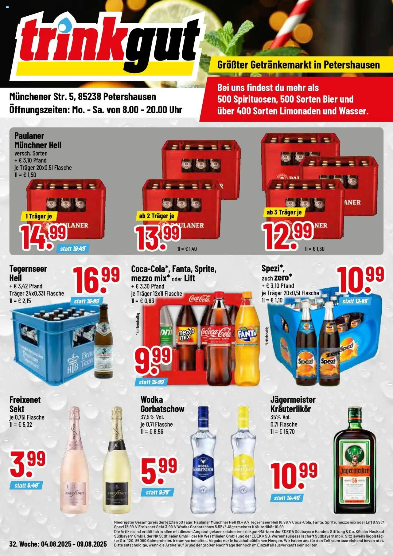 Trinkgut prospekt Petershausen	 – gültig ab 03.08.2025 | Seite: 1 | Produkte: Coca cola, Freixenet, Sekt, Uhr