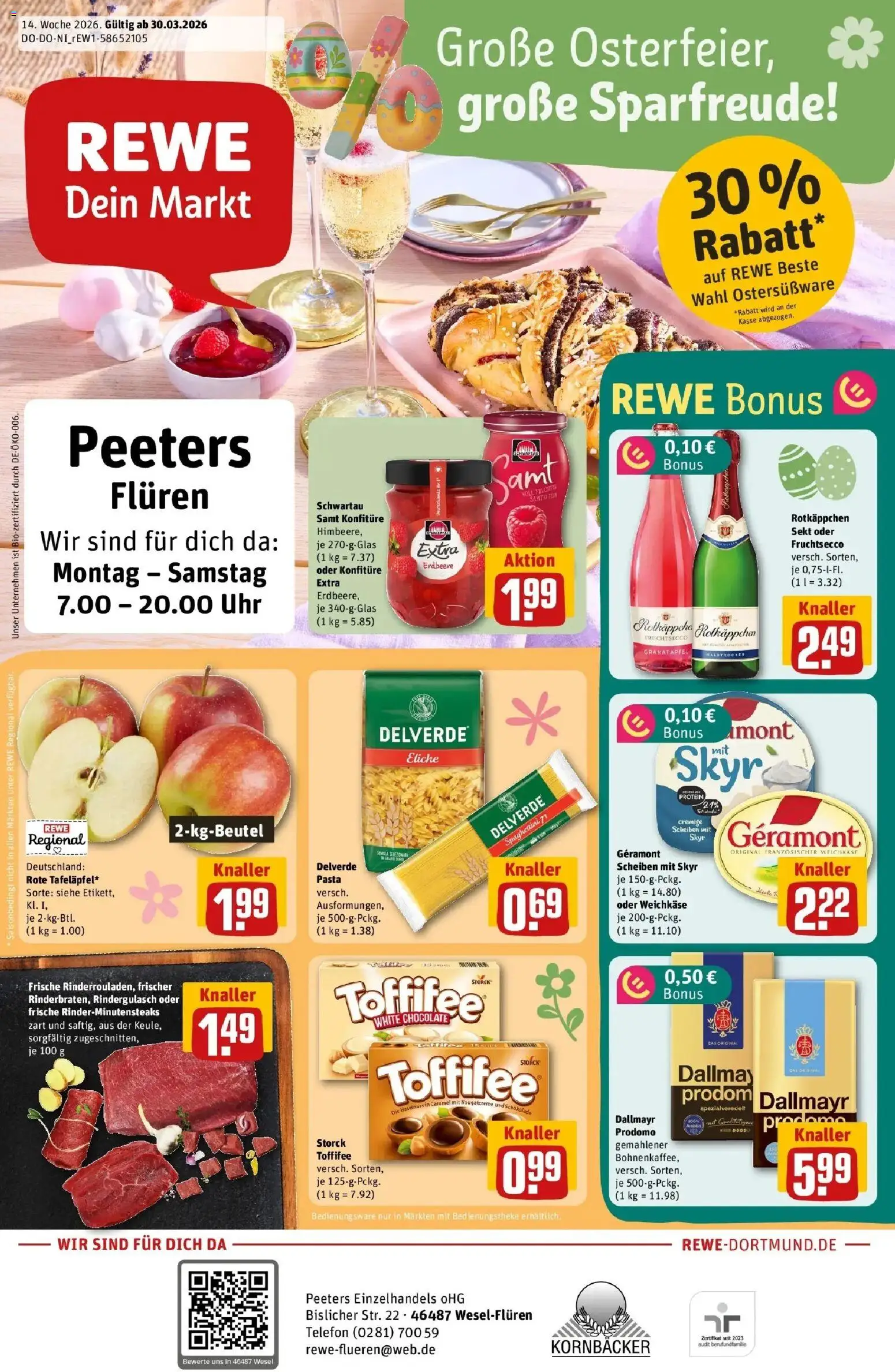 Rewe Prospekt Wesel	 – gültig ab 30.03.2026 | Seite: 1 | Produkte: Granatapfel, Schwartau samt, Fruchtsecco, Dallmayr