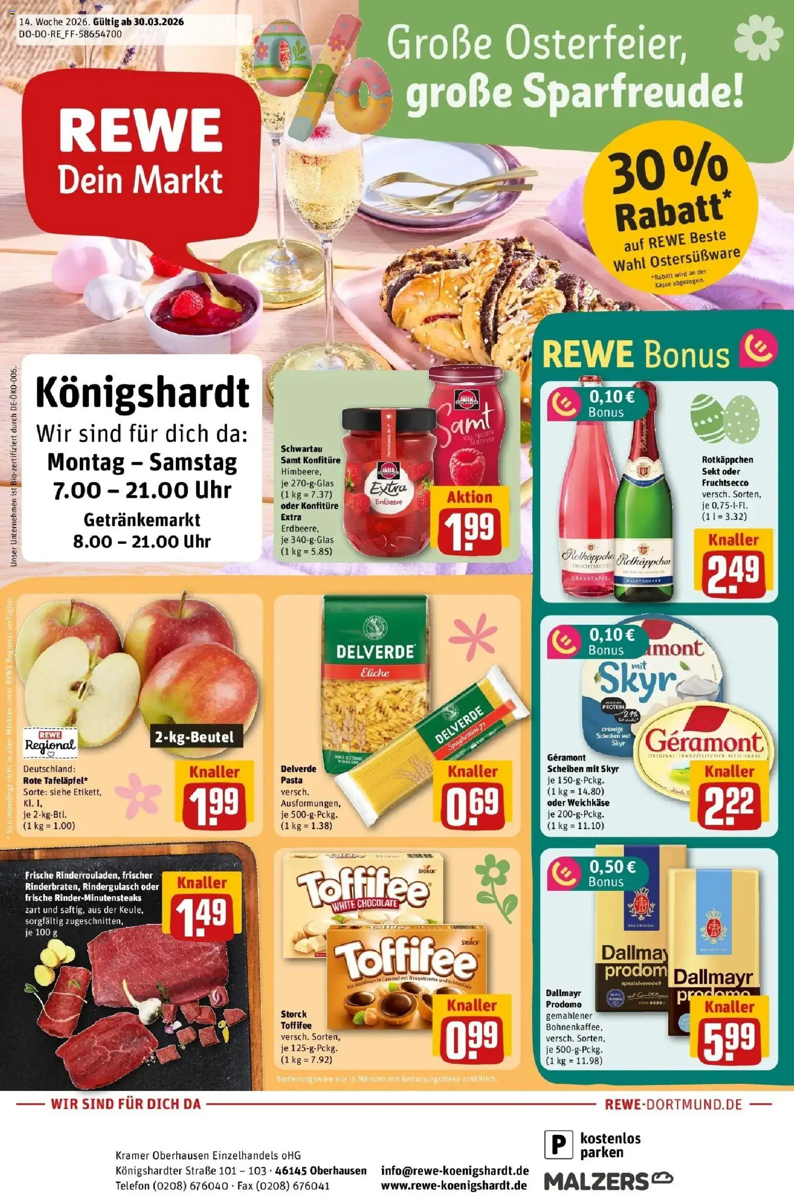 Rewe Prospekt Oberhausen	 – gültig ab 30.03.2026 | Seite: 1 | Produkte: Geramont, Himbeere, Dallmayr prodomo, Uhr