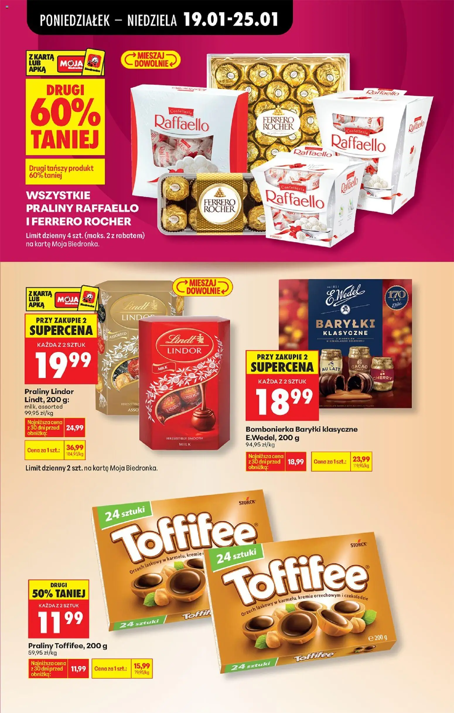 Biedronka gazetka od 19.01.2026 | Strona: 19 | Produkty: Praliny, Bombonierka, Toffifee, Ferrero rocher