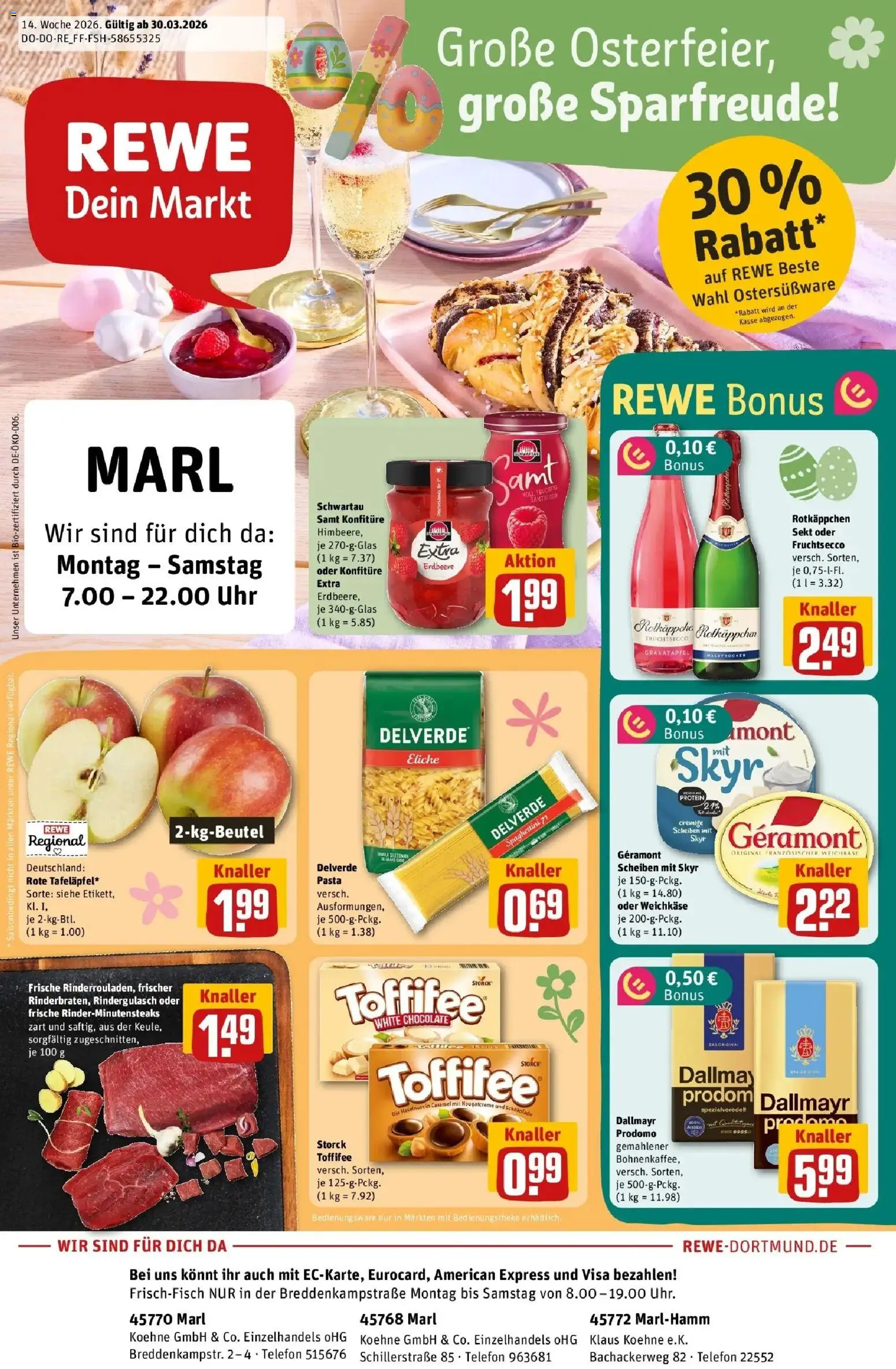 Rewe Prospekt Marl	 – gültig ab 30.03.2026 | Seite: 1 | Produkte: Schokolade, Schwartau samt, Skyr, Dallmayr