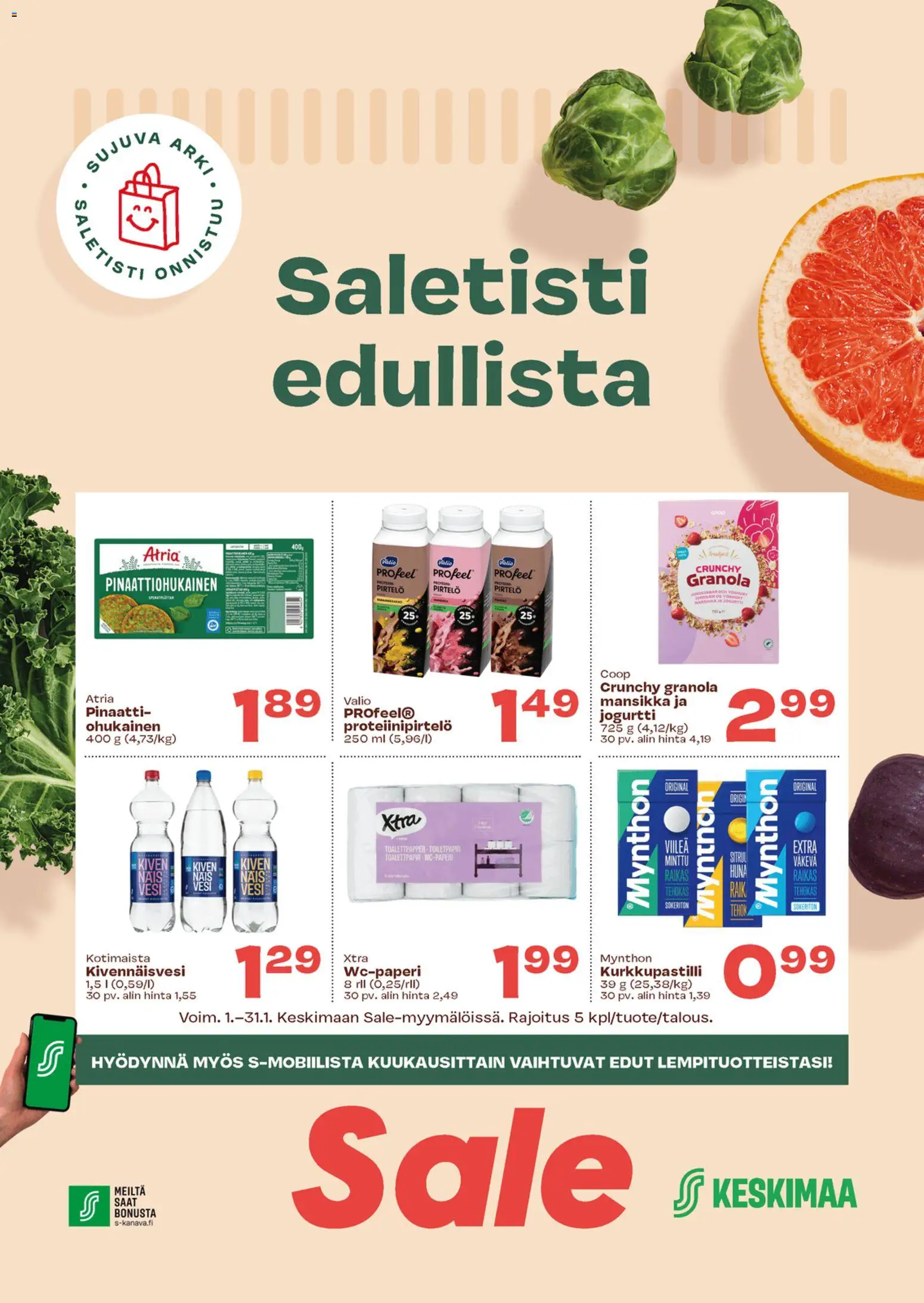 Sale tarjoukset – voimassa 01.02.2026 alkaen | Sivu: 1 | Tuotteet: Minttu, Jogurtti, Granola, Pinaatti