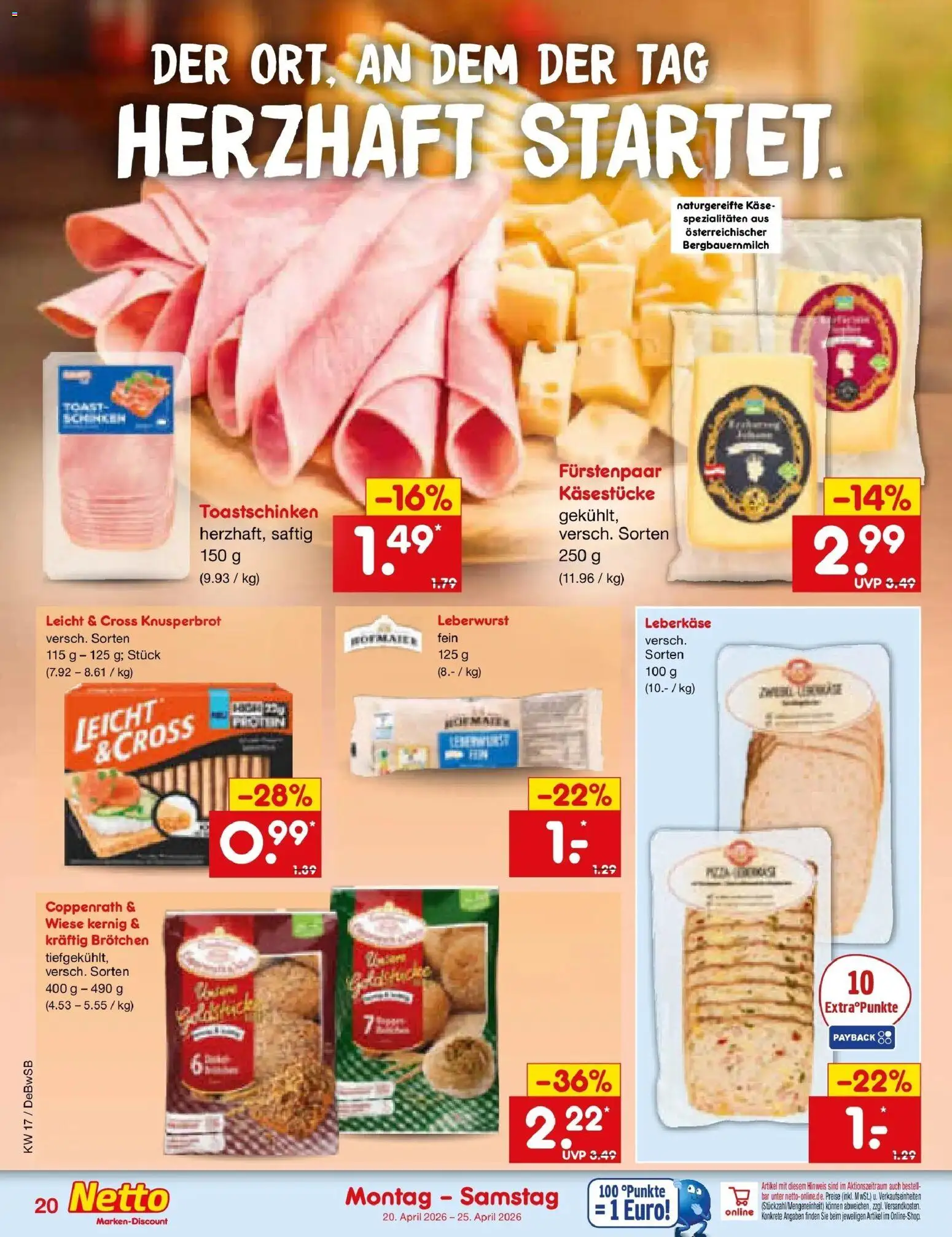 Netto Marken-Discount Prospekt Waiblingen-Bittenfeld	 – gültig ab 20.04.2026 | Seite: 22 | Produkte: Käse, Toast, Toastschinken, Leberkase