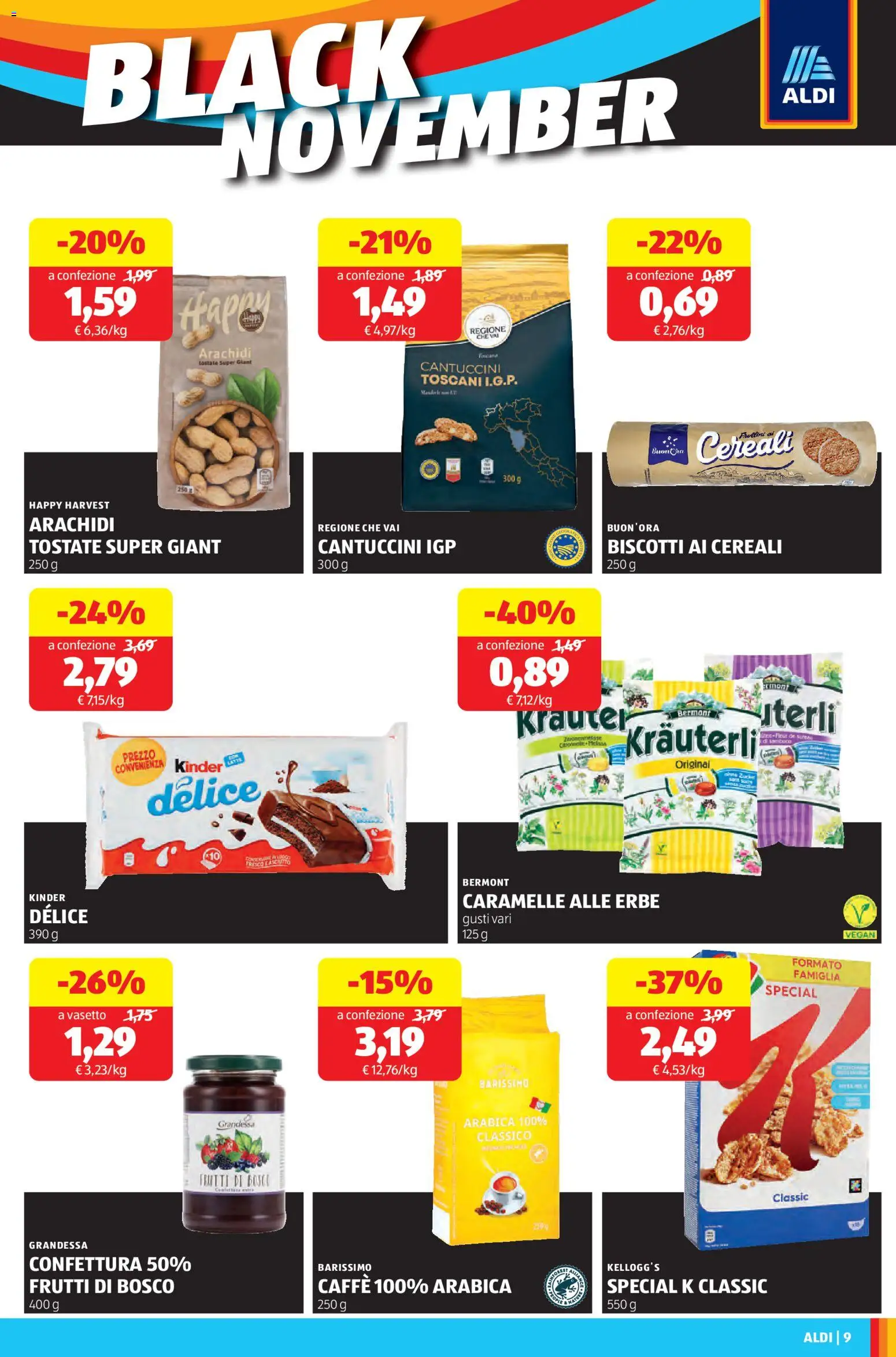 Volantino Aldi del 17.11.2025 | Pagina: 9 | Prodotti: Caffè, Caramelle, Cereali, Arachidi