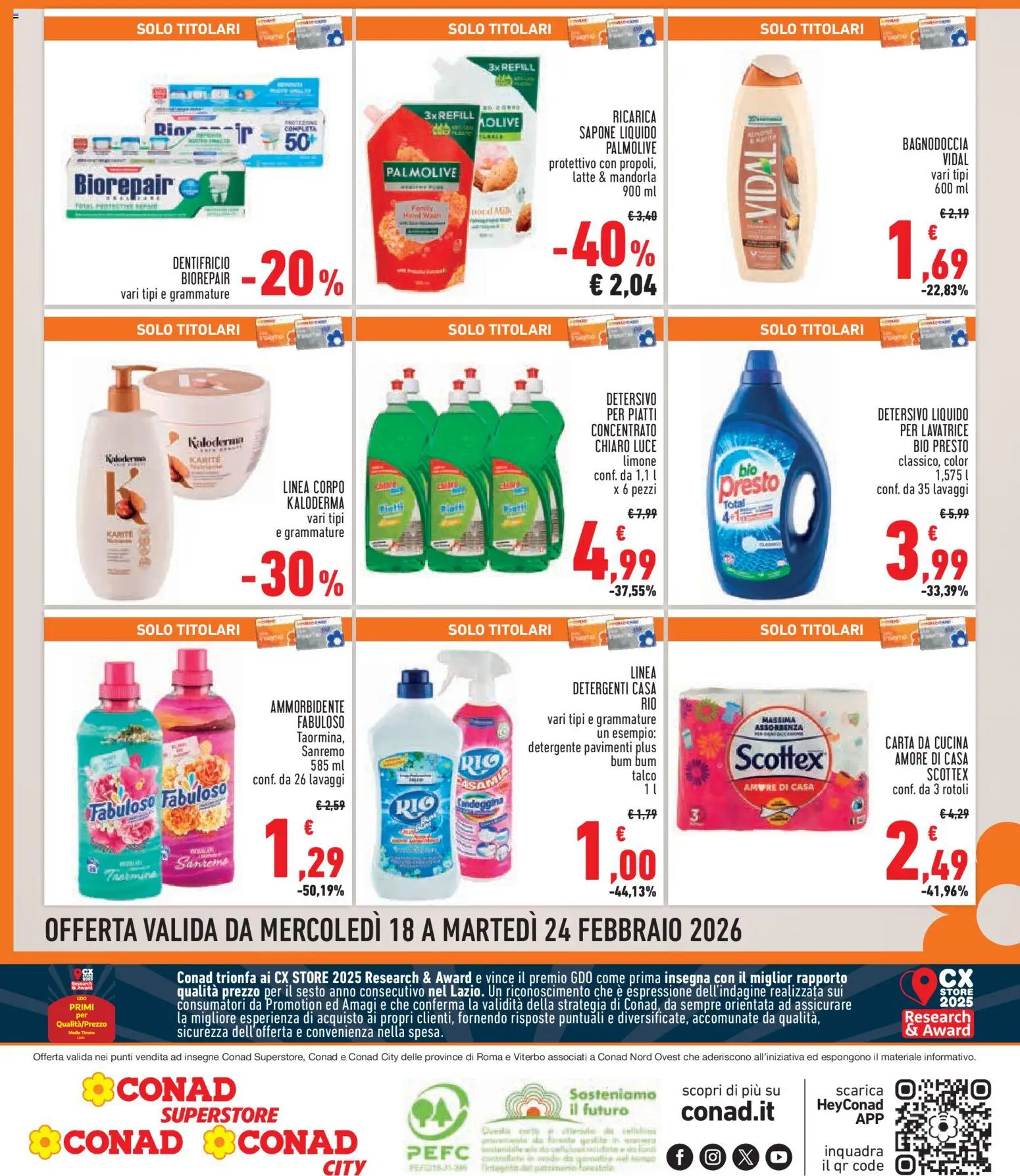 Volantino Conad del 18.02.2026 | Pagina: 8 | Prodotti: Dentifricio, Detersivo per piatti, Latte, Lavatrice