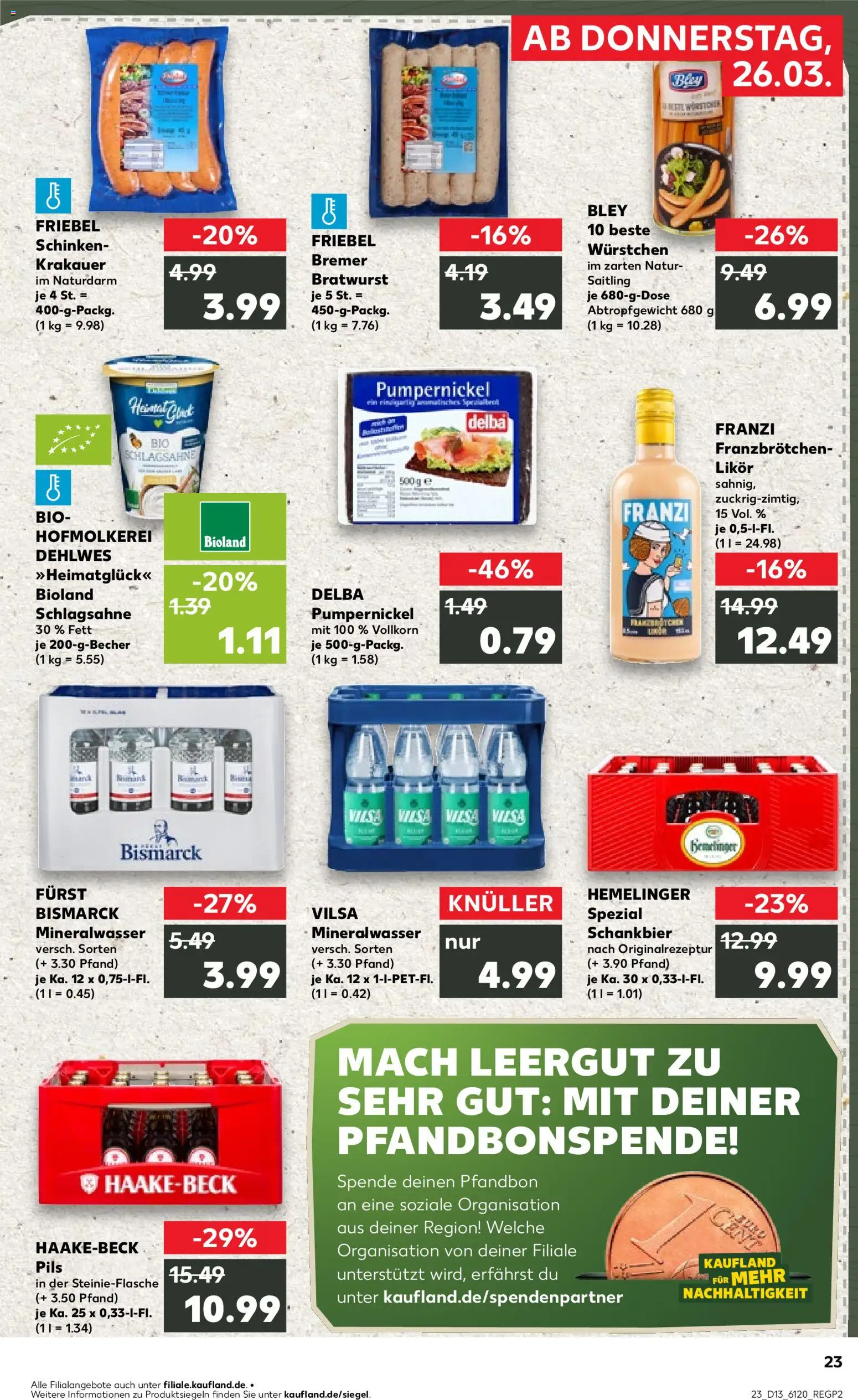 Kaufland Prospekt Bremen	 – gültig ab 26.03.2026 | Seite: 23 | Produkte: Schlagsahne, Pils, Mineralwasser, Schinken