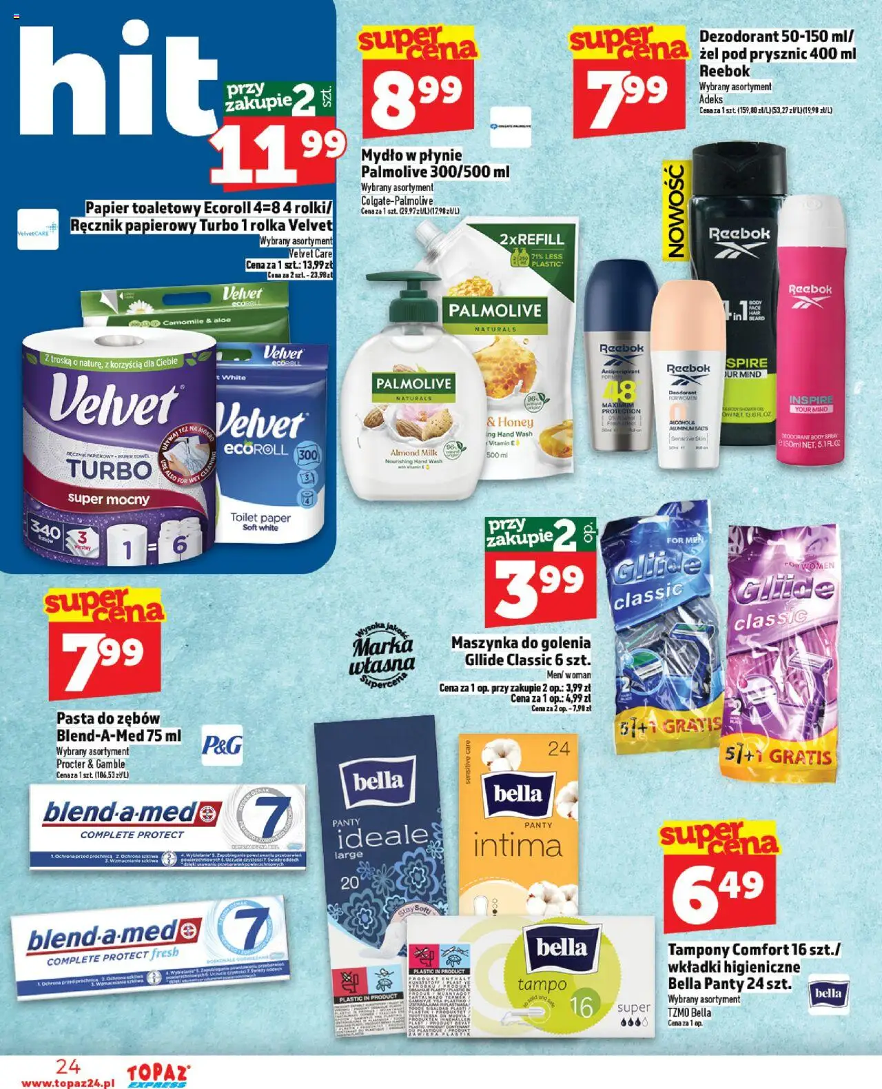 Topaz Gazetka - Express od 07.08.2025 | Strona: 24 | Produkty: Papier toaletowy, Maszynka do golenia, Mydło, Żel pod prysznic