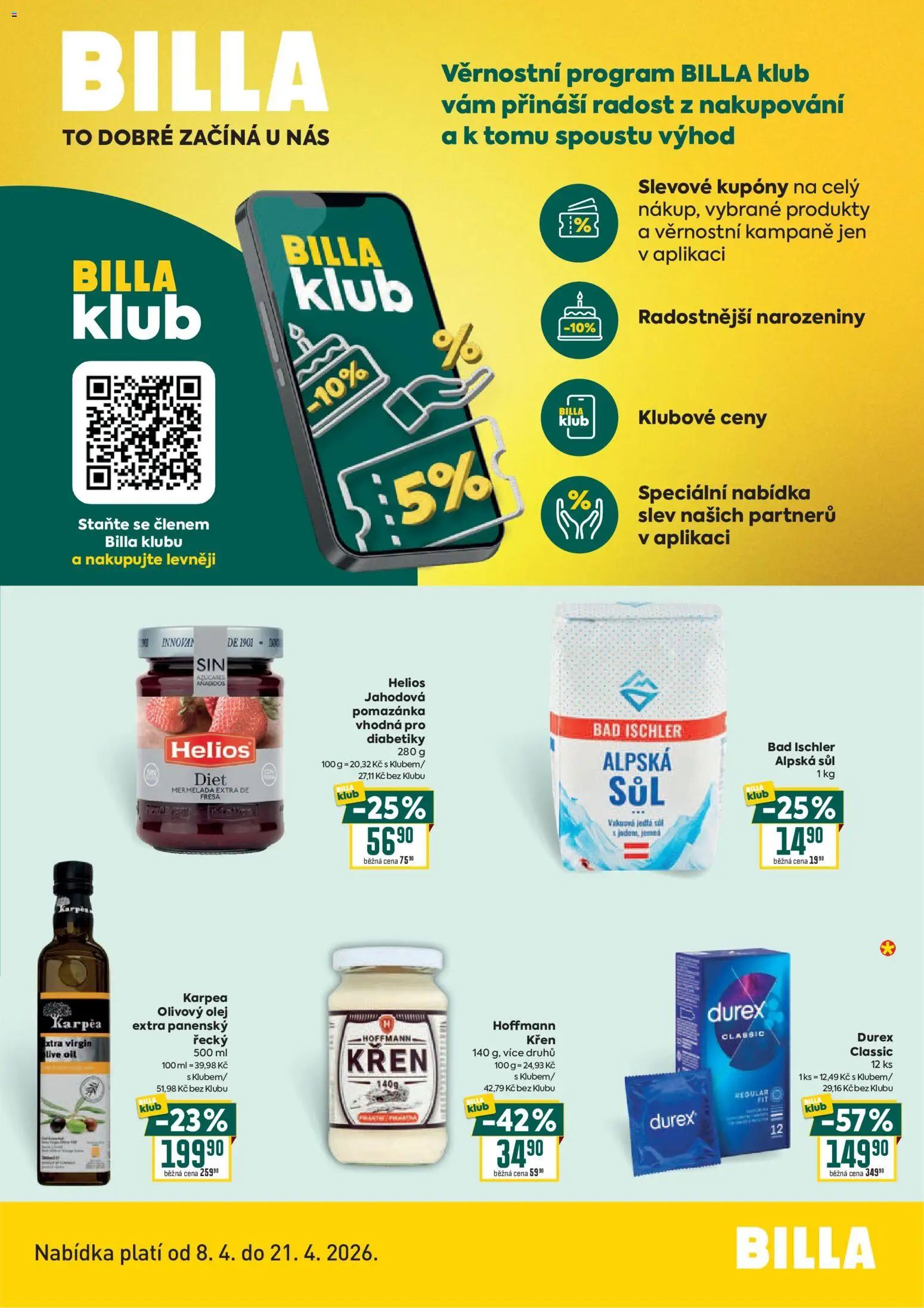 Billa leták - Bonus club od 08.04.2026 | Strana: 1 | Produkty: Olivový olej, Olej, Pomazánka, Durex