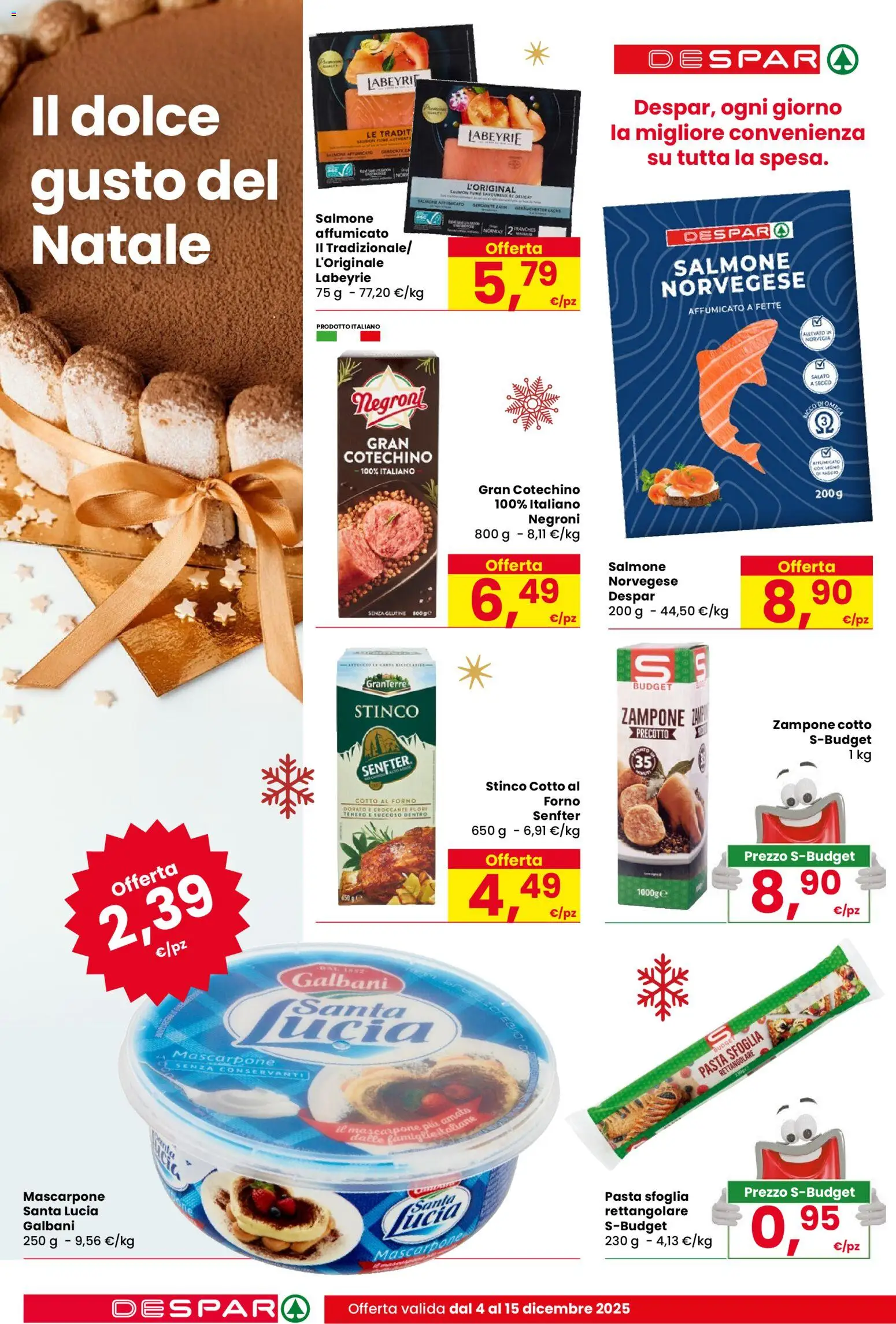 Volantino Despar del 04.12.2025 | Pagina: 6 | Prodotti: Salmone affumicato, Pasta, Forno, Cotechino