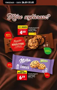 Pogląd oferty "Ciastka Kruszynki z czekoladą Bonitki, 225 g, Ciastka Kruszynki z czekoladą, 225 g, 40% czekolady" - ważna od 26.01.2026 | Strona: 46 | Produkty: Milka, Czekolada, Ciastka, Kruszynki