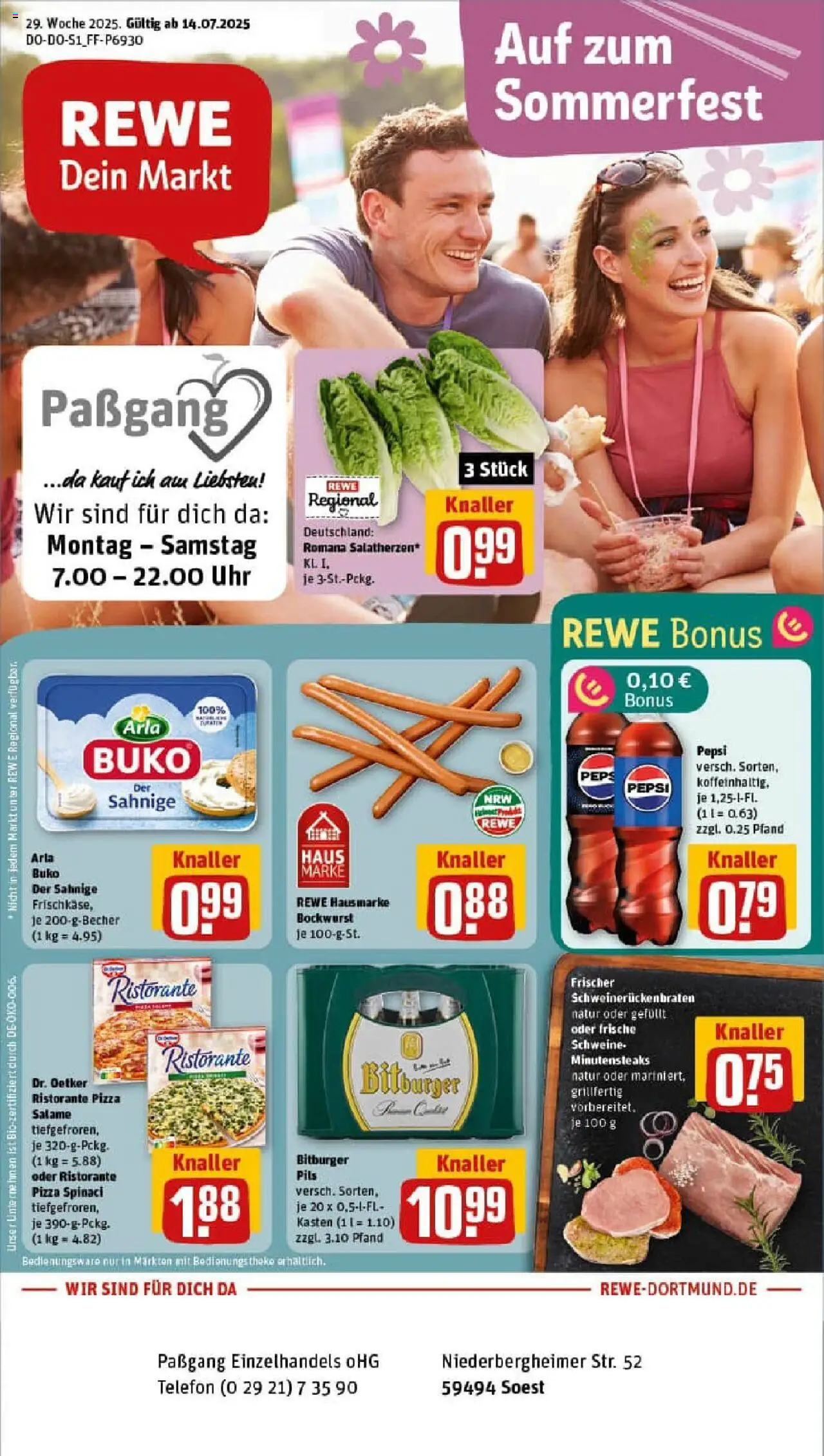 Rewe prospekt Soest	 - gültig ab dem 13.07.2025 | Seite: 1 | Produkte: Bockwurst, Bitburger, Pils, Arla buko