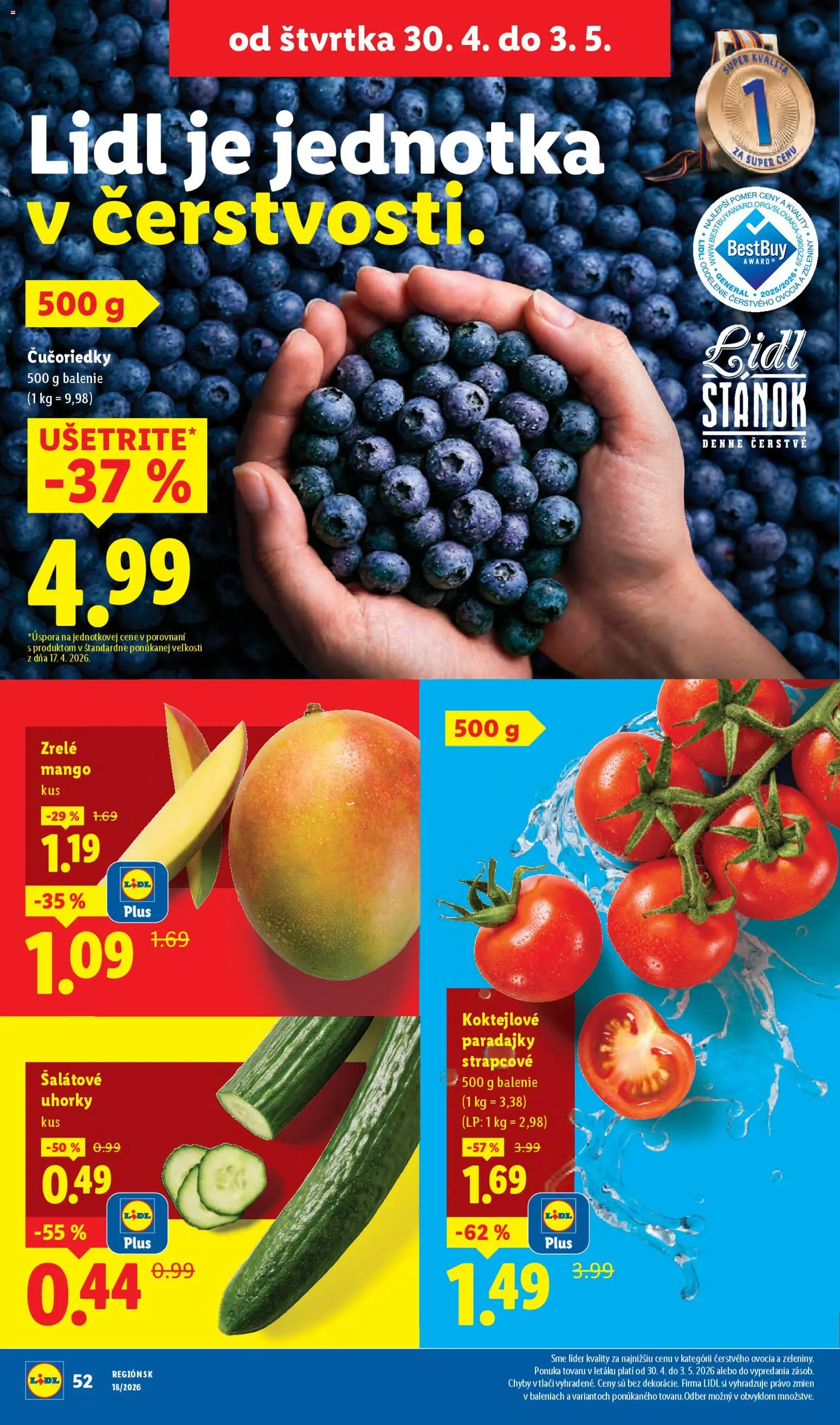 Nové Lidl akcie – leták je platný od 27.04.2026 | Strana: 52 | Produkty: Paradajky, Čučoriedky, Mango, Uhorky