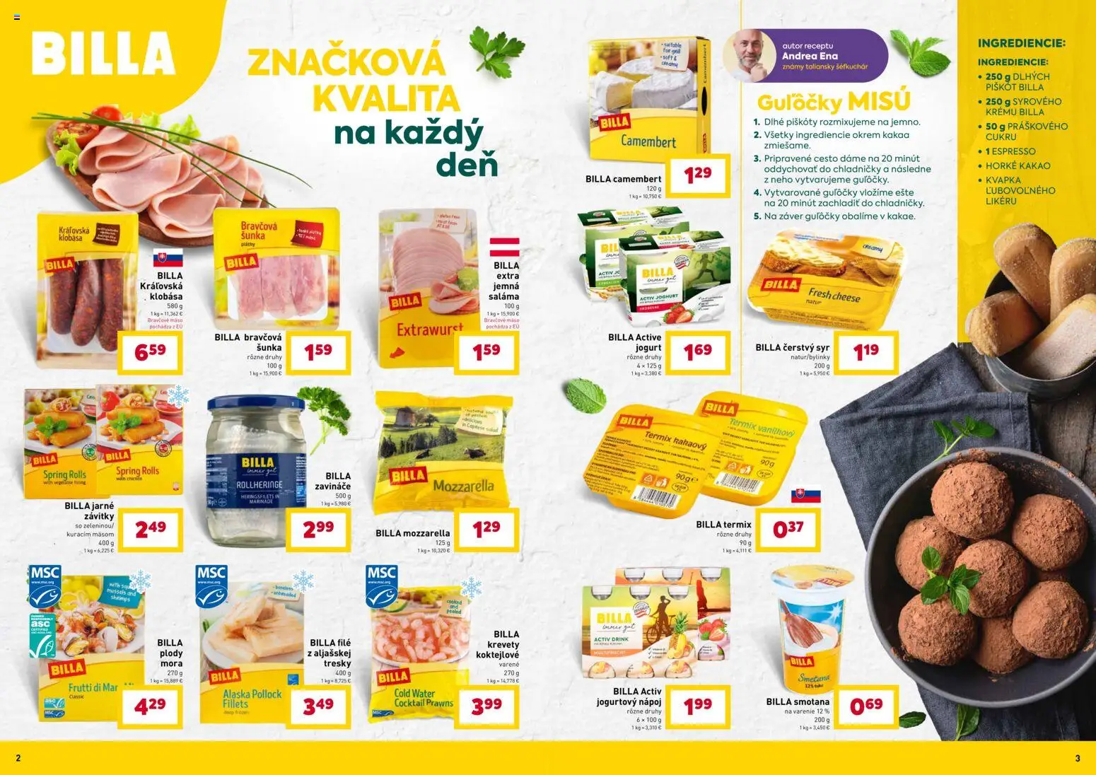 Nové Billa akcie – leták je platný od 28.01.2026 | Strana: 2 | Produkty: Syr, Krevety, Klobása, Smotana