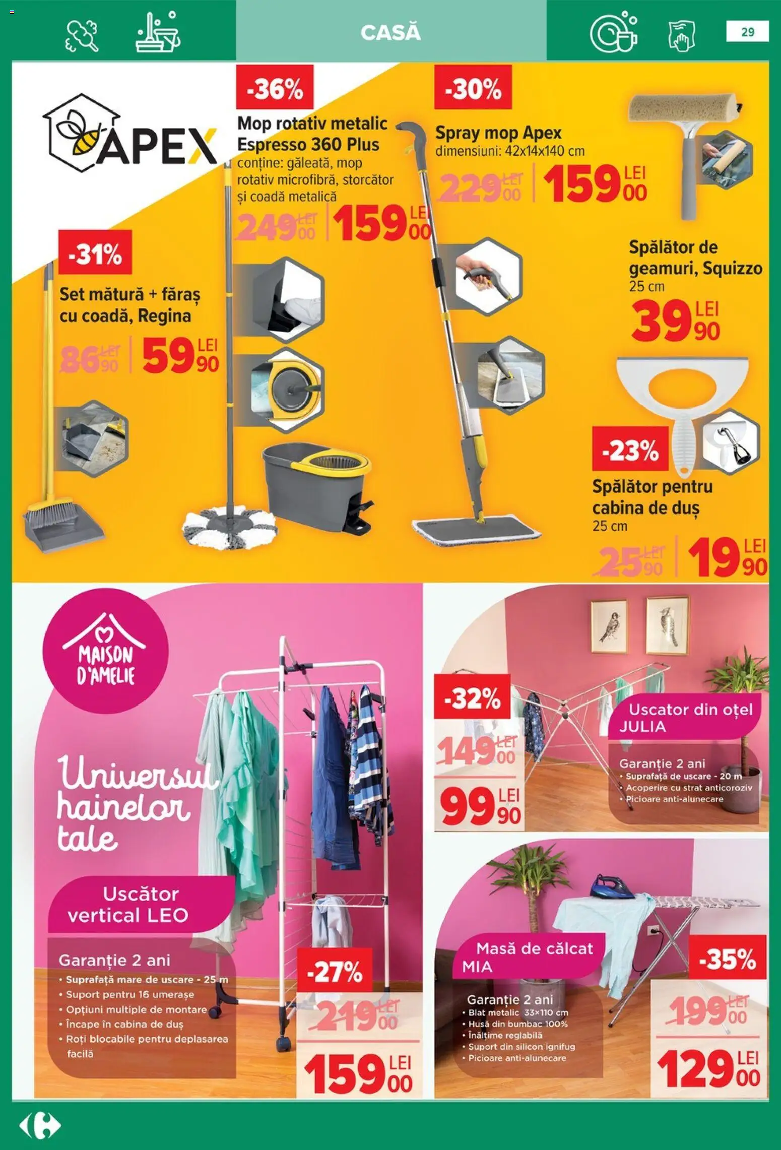 Noul catalog Carrefour – valabil de la 14.01.2026 | Pagină: 29 | Produse: Storcător, Mătură, Masă, Masă de călcat