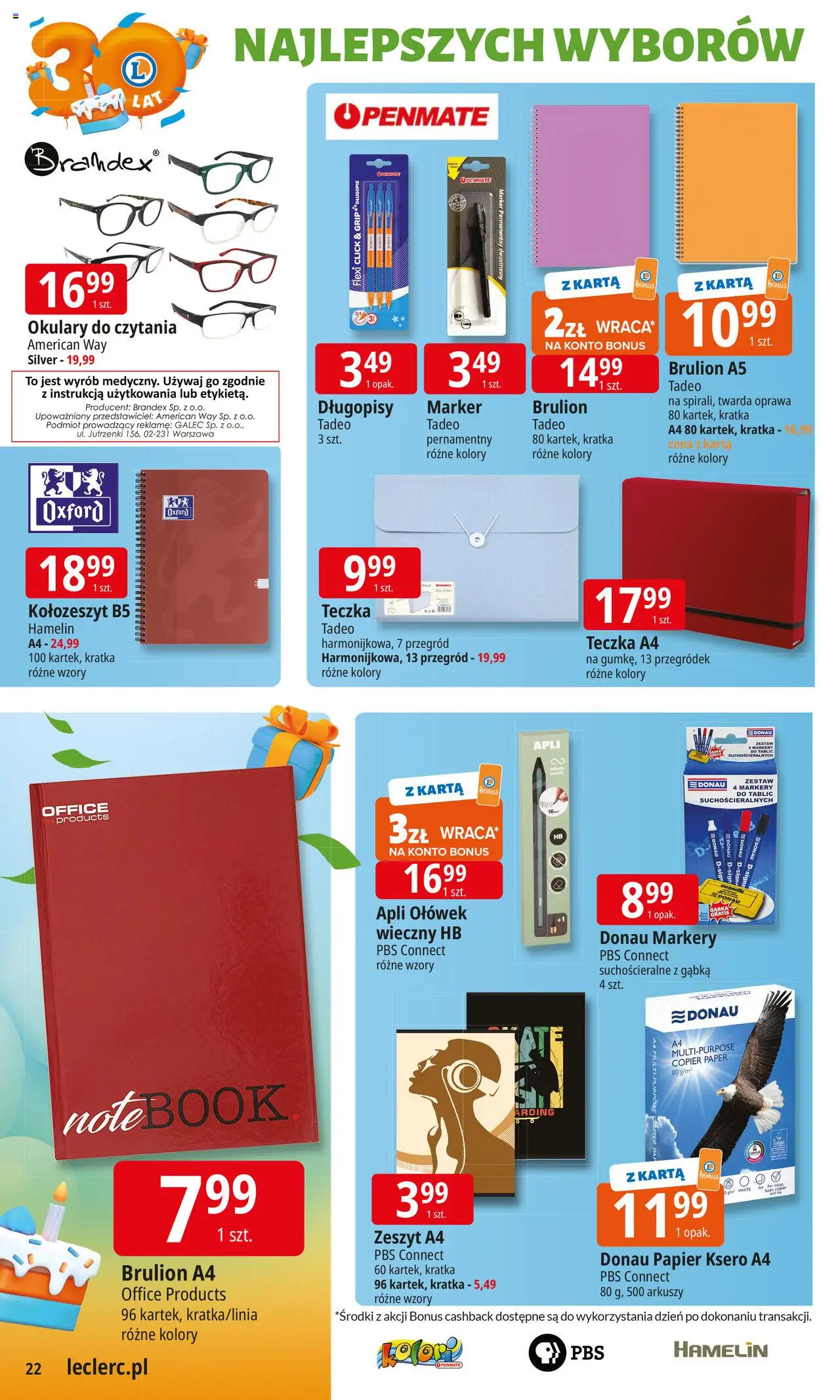 E.Leclerc Gazetka od 16.09.2025 | Strona: 22 | Produkty: Karta, Okulary, Notebook, Papier ksero