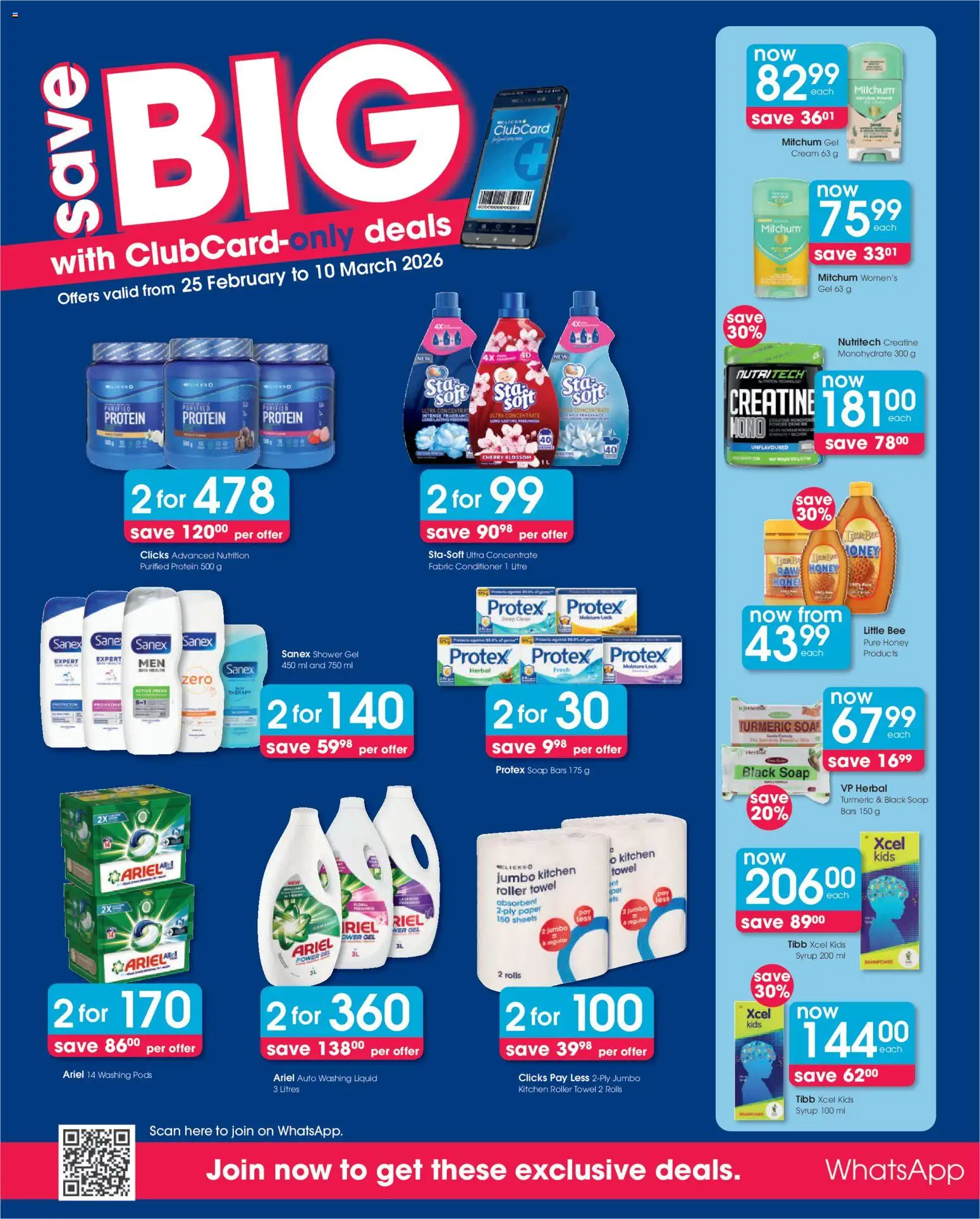 New Clicks catalogue – valid from 25.02.2026 | Page: 12 | Products: Detergente líquido, Powder, Shower gel, Paper