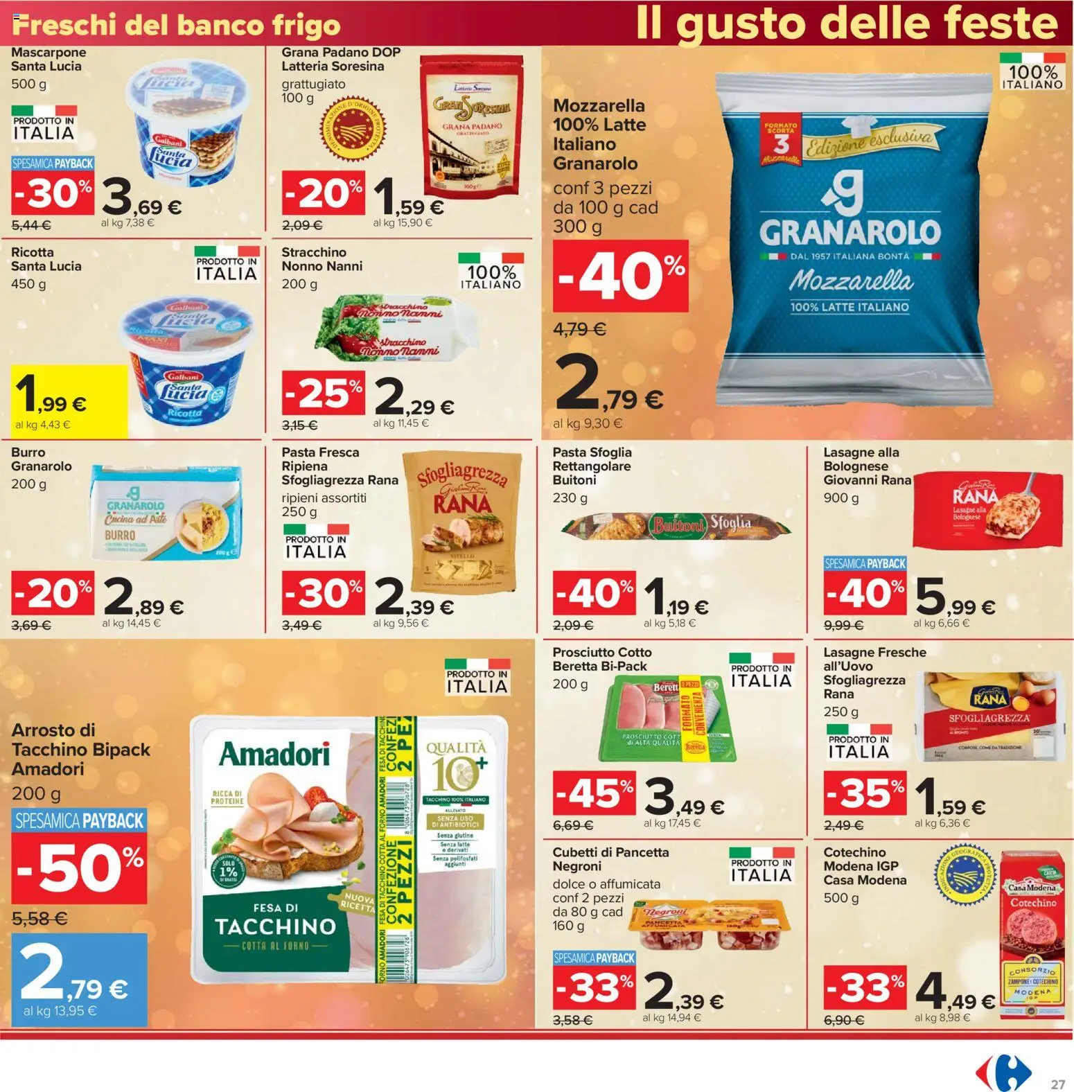 Volantino Carrefour del 16.12.2025 | Pagina: 27 | Prodotti: Prosciutto Cotto, Pancetta, Burro, Pasta