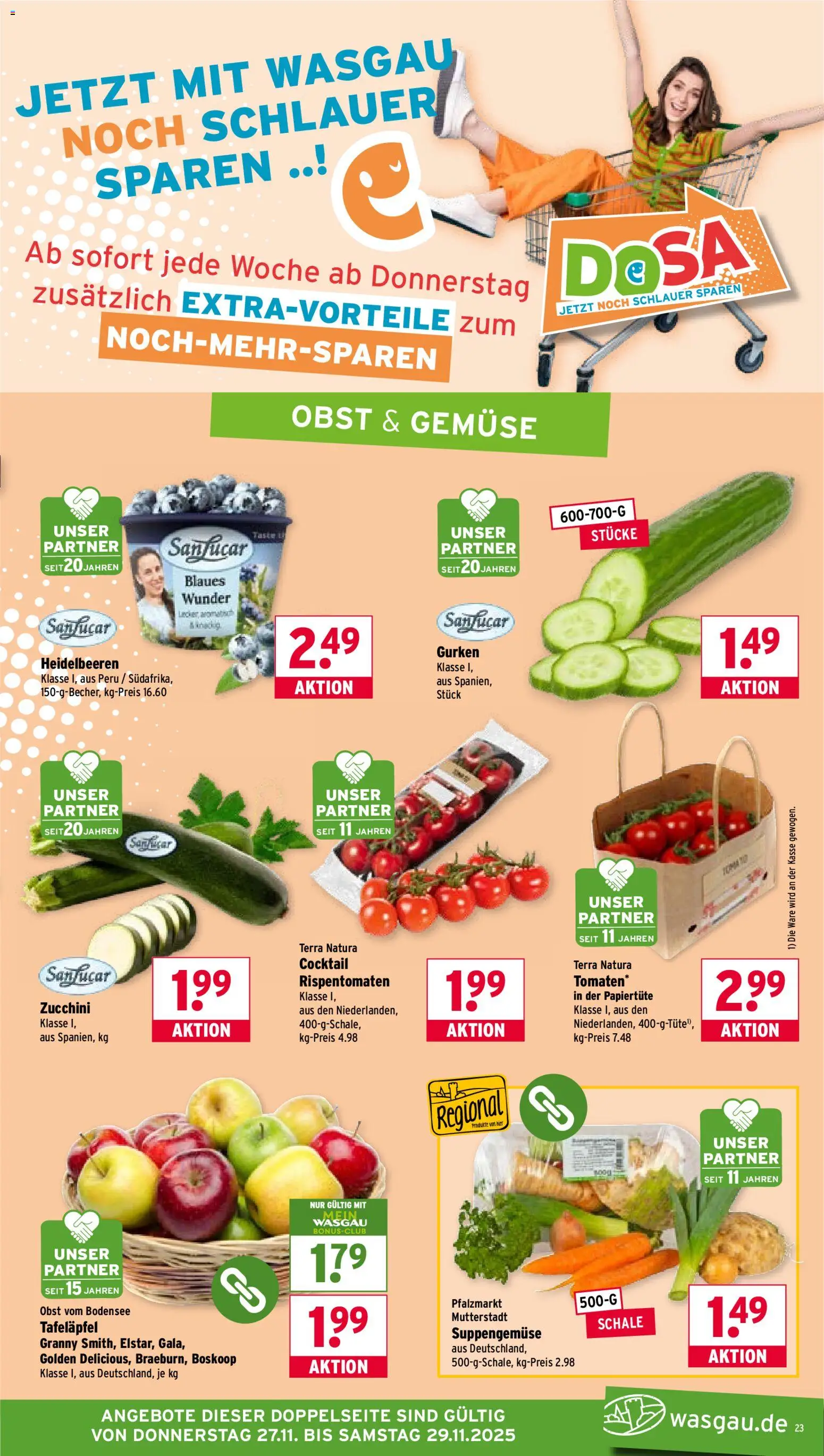 Wasgau Prospekt 	 – gültig ab 24.11.2025 | Seite: 23 | Produkte: Heidelbeeren, Obst, Zucchini, Gurken