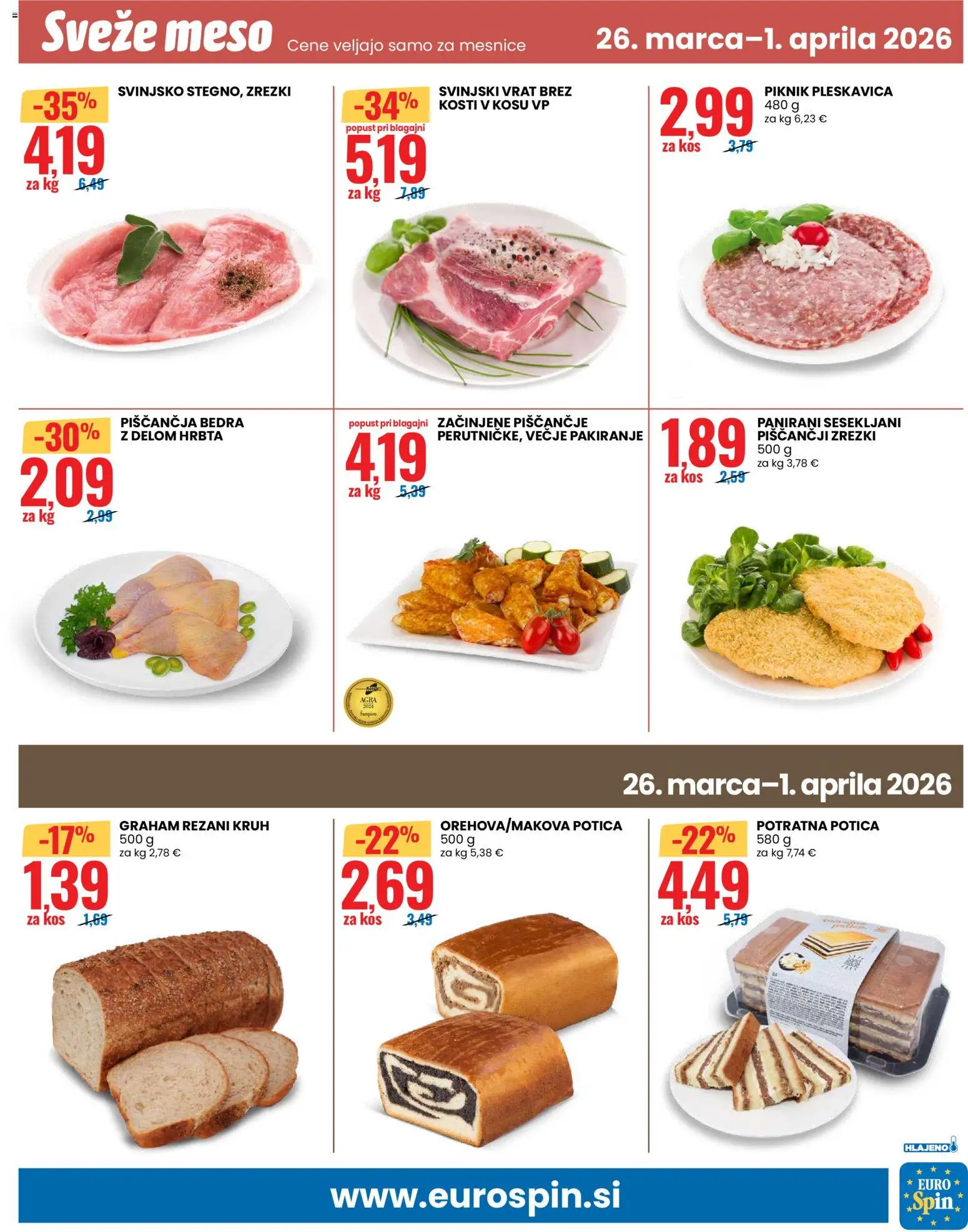 Novi Eurospin katalog ponudbe – veljaven od 26.03.2026 | Stran: 17 | Izdelki: Piščančja bedra, Kos, Zrezki, Kruh