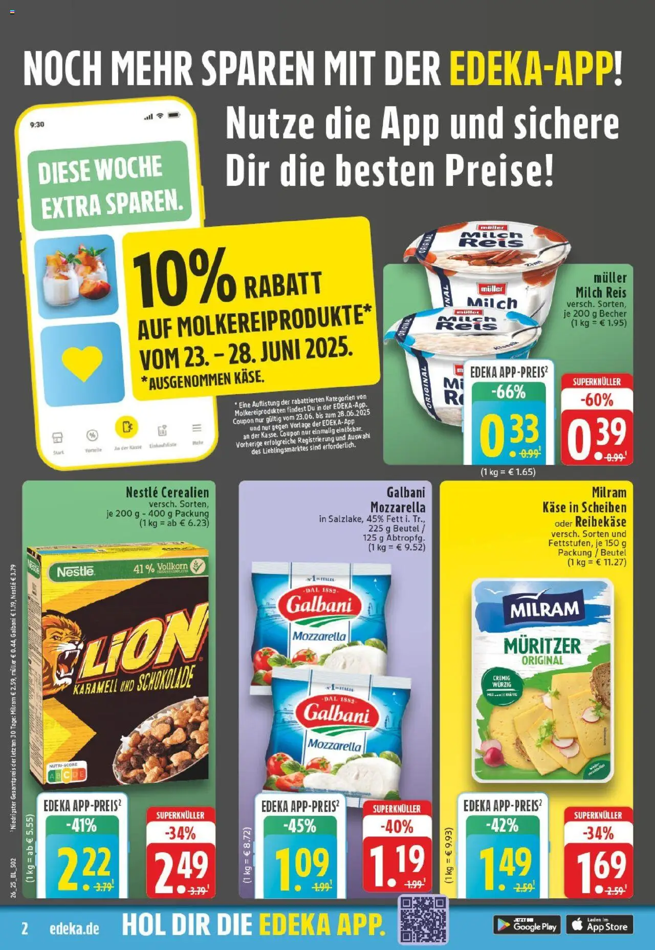 Edeka prospekt Erkrath - Hochdahl	 - gültig ab dem 22.06.2025 | Seite: 2 | Produkte: Milch, Käse, Schokolade, Reibekase