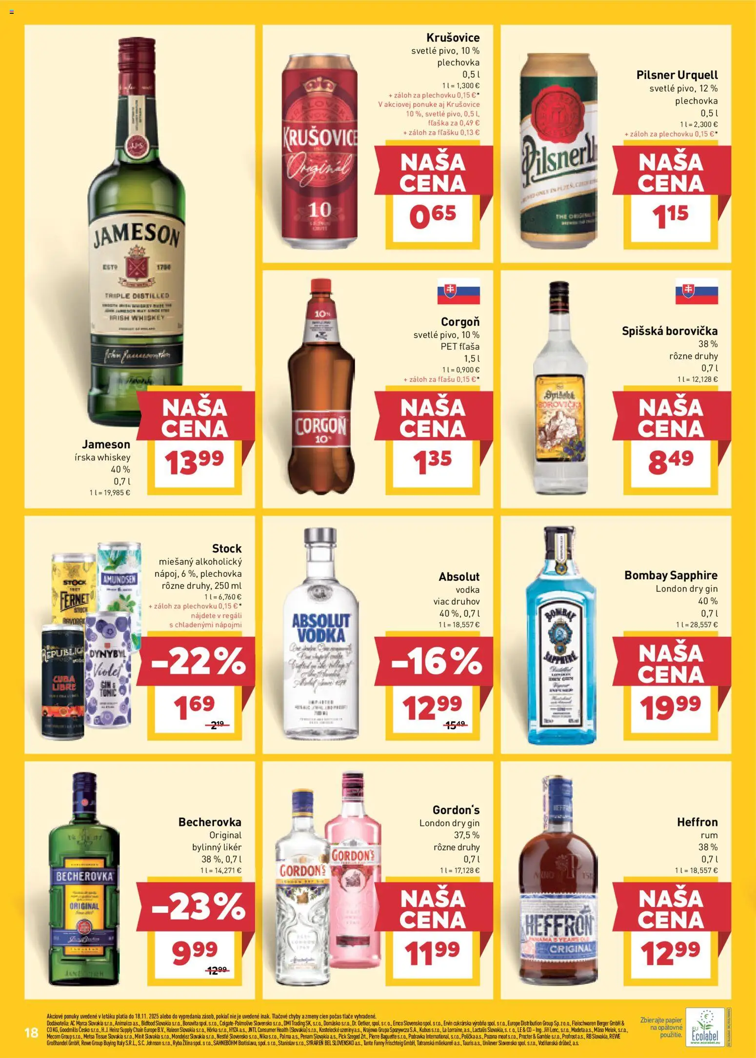 Nové Billa akcie – leták je platný od 12.11.2025 | Strana: 18 | Produkty: Borovička, Gin, Vodka, Fernet