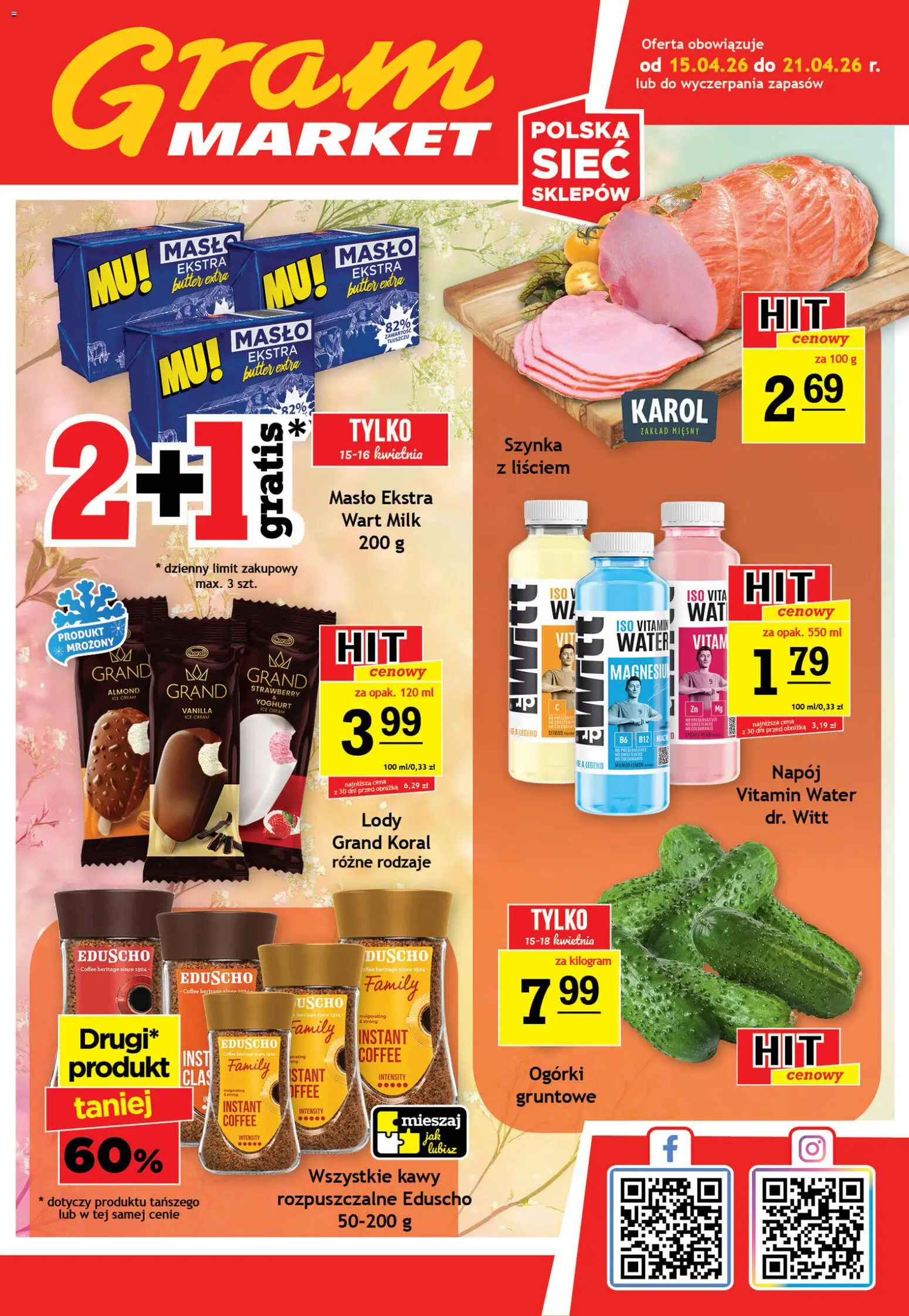 Gram Market gazetka od 15.04.2026 | Strona: 1 | Produkty: Szynka, Masło, Ogórki, Lody