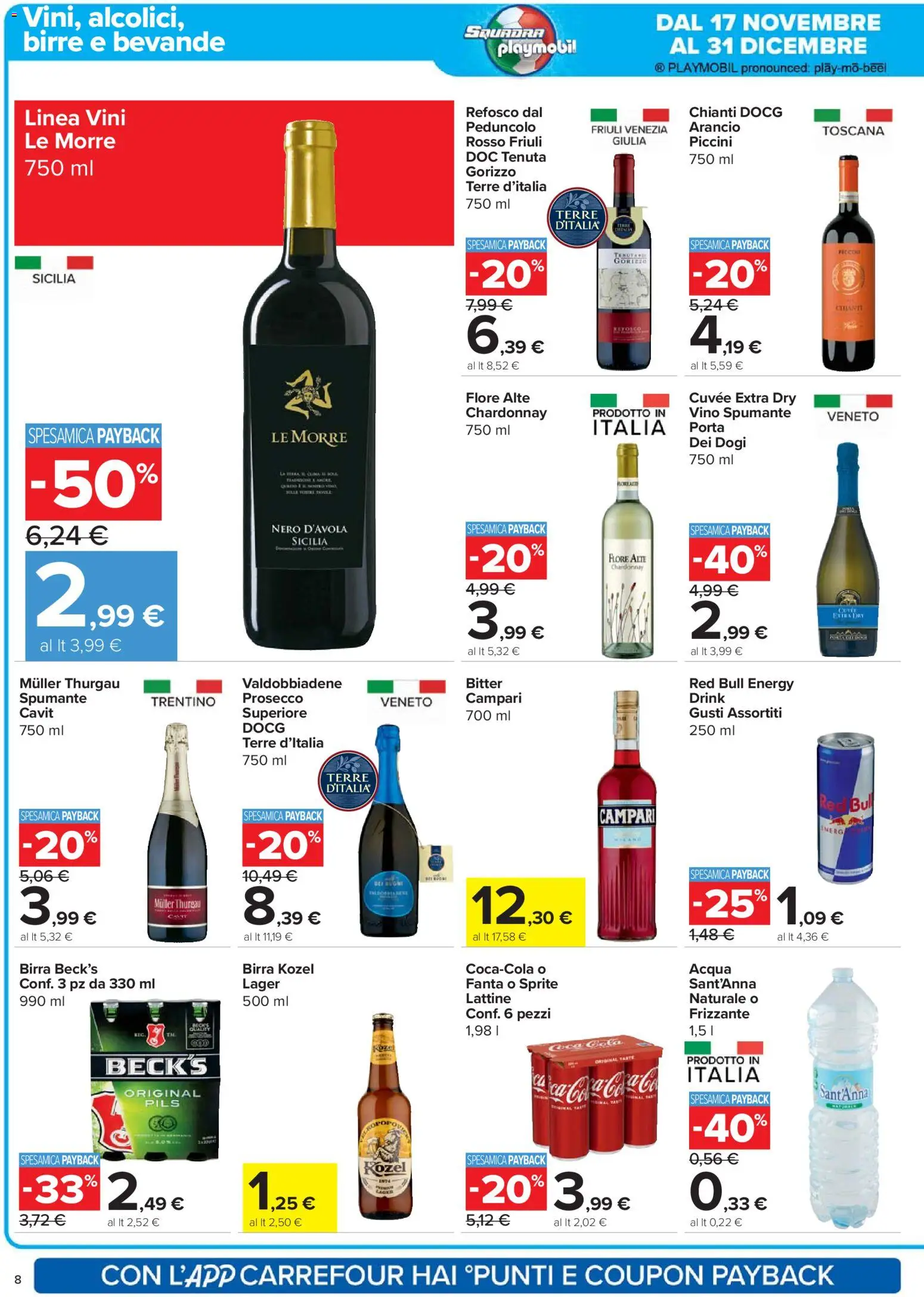 Volantino Carrefour del 20.11.2025 | Pagina: 8 | Prodotti: Birra, Vino, Fanta, Red Bull