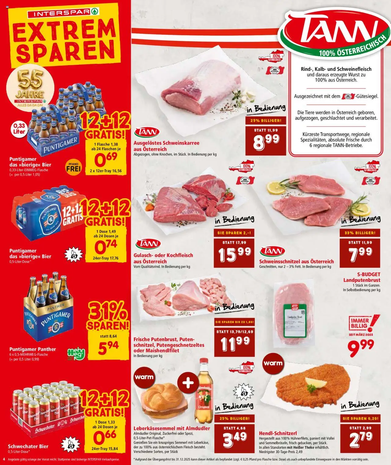 Interspar Flugblatt -Steiermark gültig ab 11.09.2025 | Seite: 4 | Produkte: Wurst, Bier, Schweinefleisch