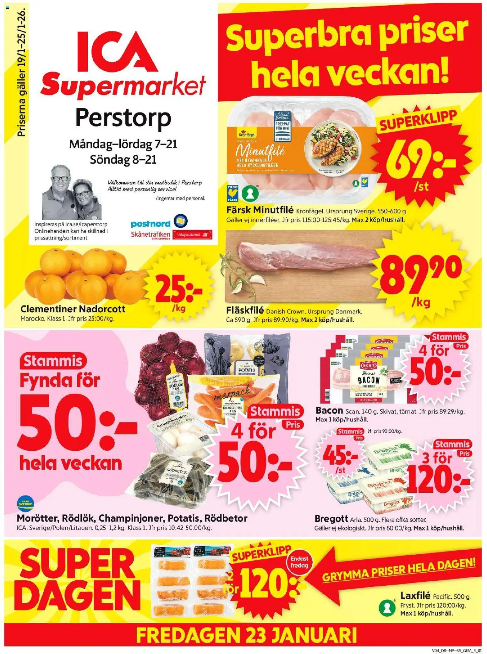 ICA Supermarket reklamblad aktuell från 19.01.2026 | Sida: 1 | Produkter: Gem, Bacon, Bregott, Potatis