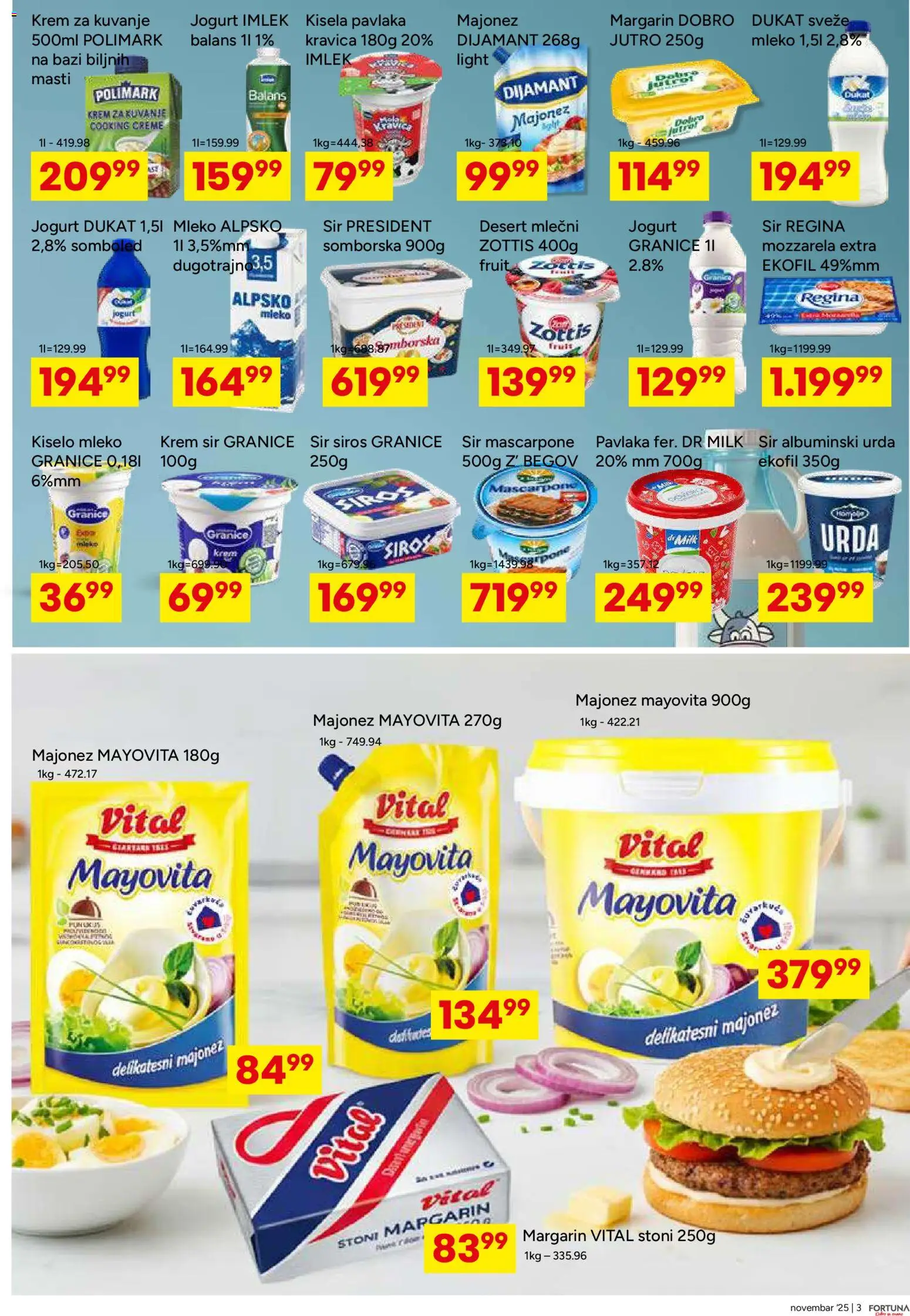 Fortuna Market katalog - važi od 12.11.2025 | Strana: 3 | Proizvode: Majonez, Kiselo mleko, Margarin, Pavlaka