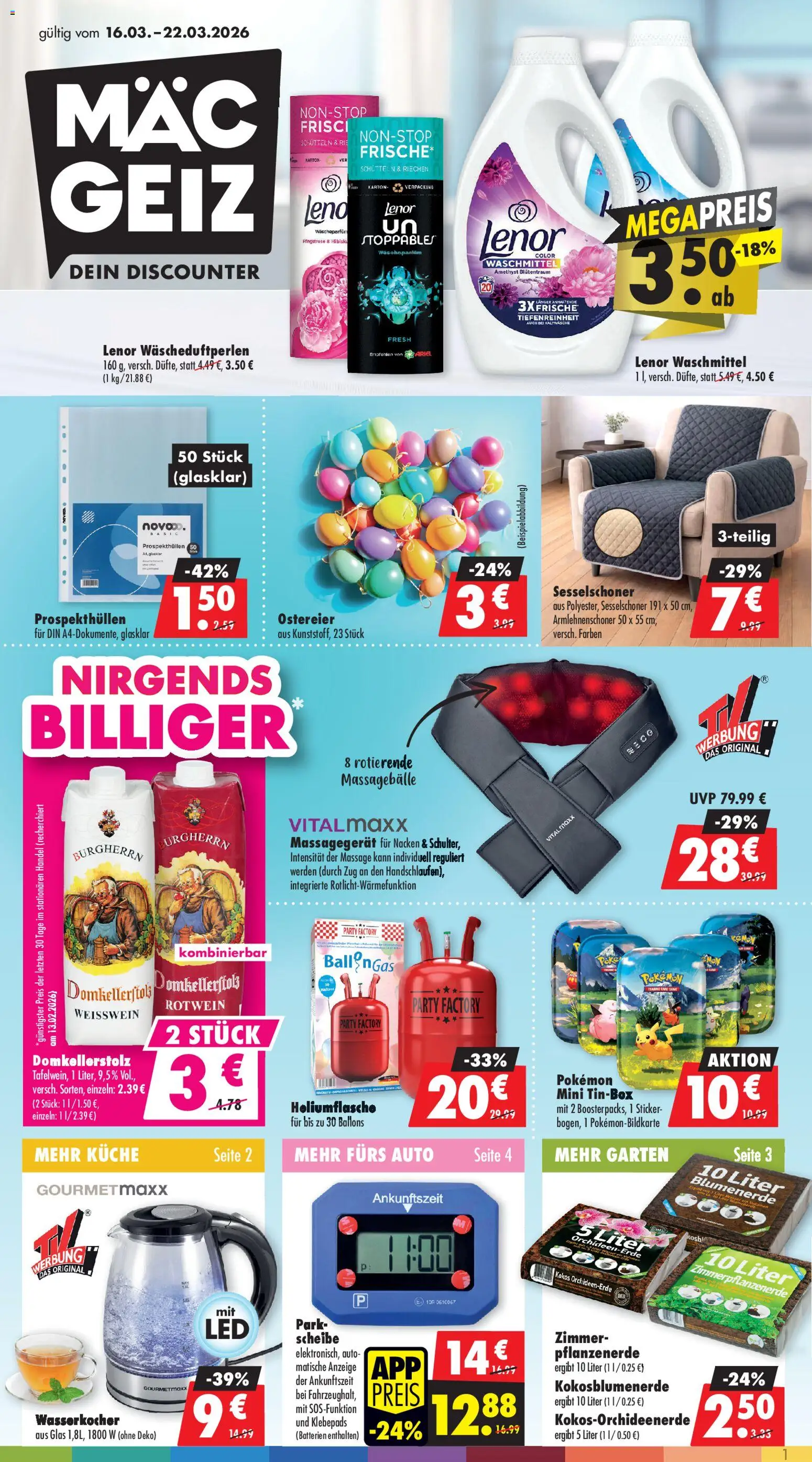 Mäc Geiz Prospekt 	 – gültig ab 16.03.2026 | Seite: 1 | Produkte: Weißwein, Küche, Blumenerde, Massagegerät