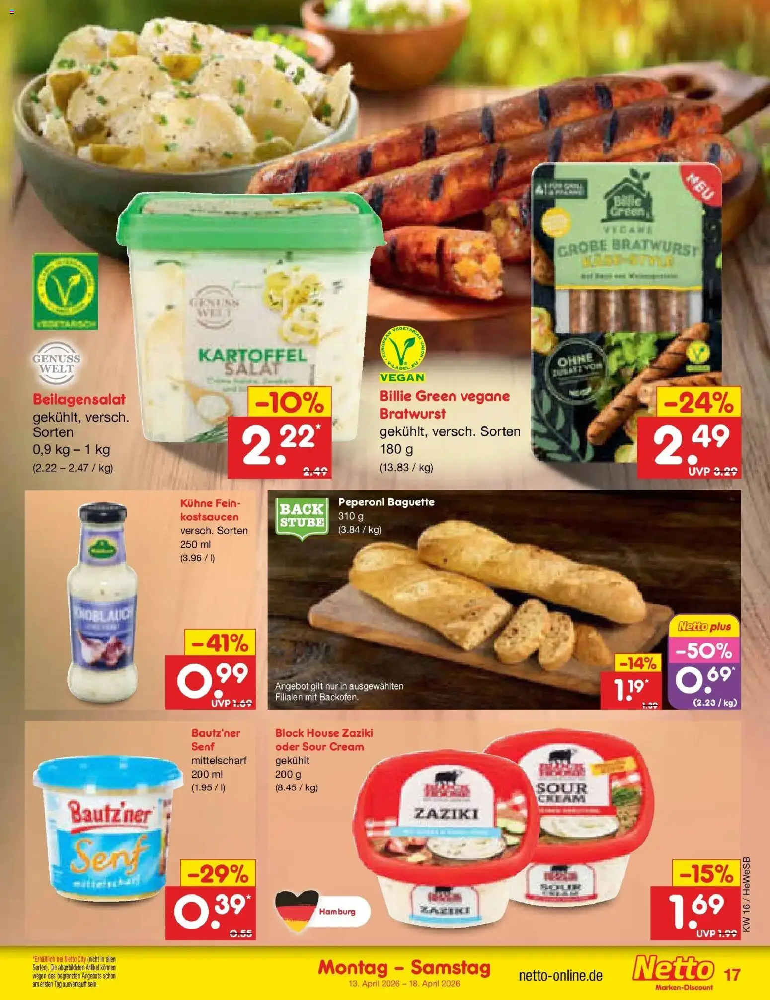 Netto Marken-Discount Prospekt Hamburg	 – gültig ab 13.04.2026 | Seite: 19 | Produkte: Bratwurst, Baguette, Salat