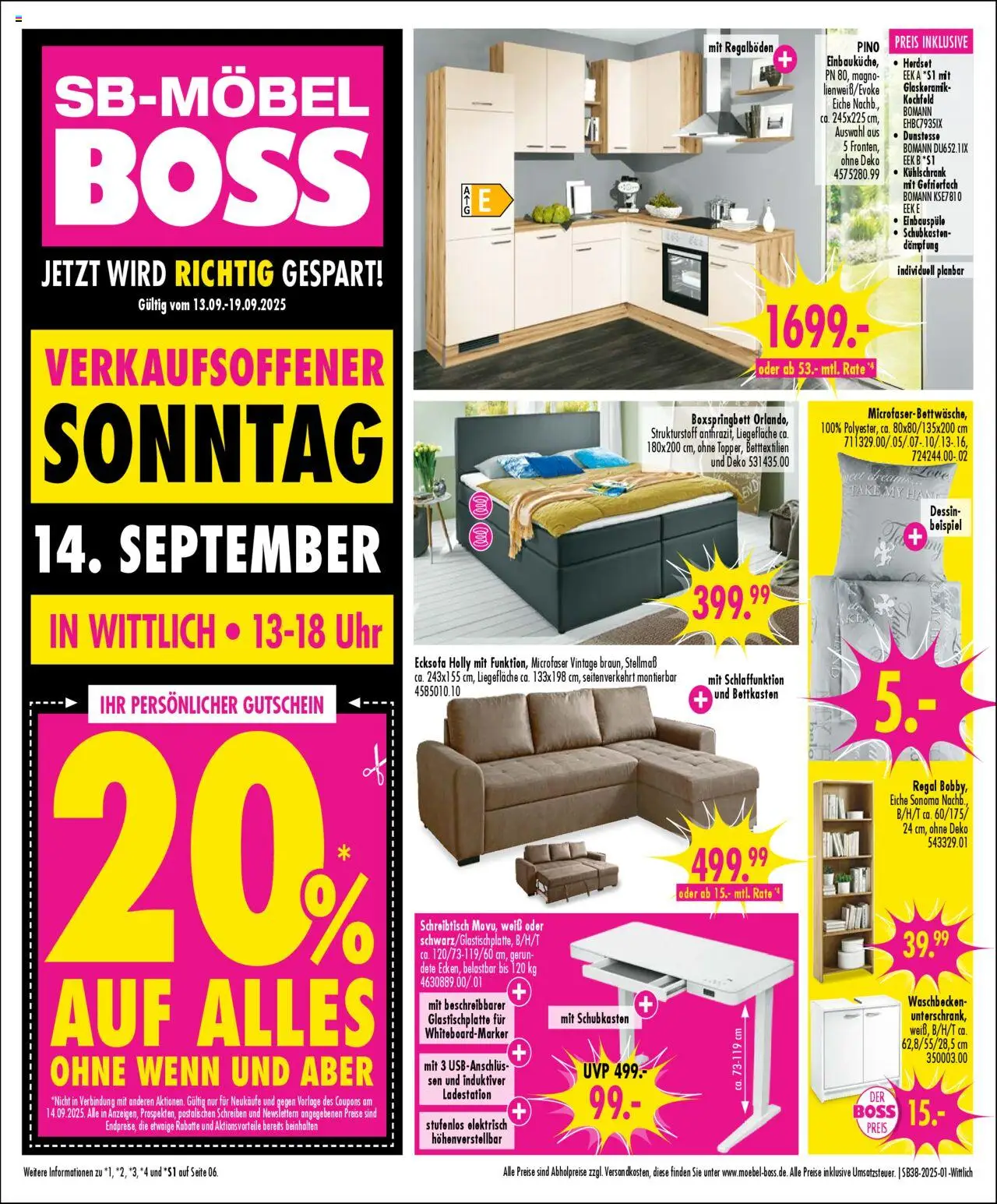 SB Möbel Boss Prospekt Wittlich	 – gültig ab 13.09.2025 | Seite: 1 | Produkte: Boxspringbett, Regal, Kühlschrank, Uhr